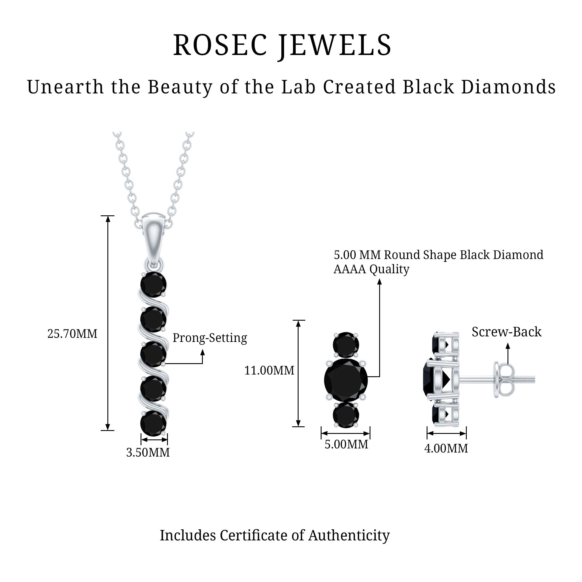 Lab Grown Black Diamond Bar Necklace and Earrings Set AAAA ( Synthetic ) - Rosec Jewels