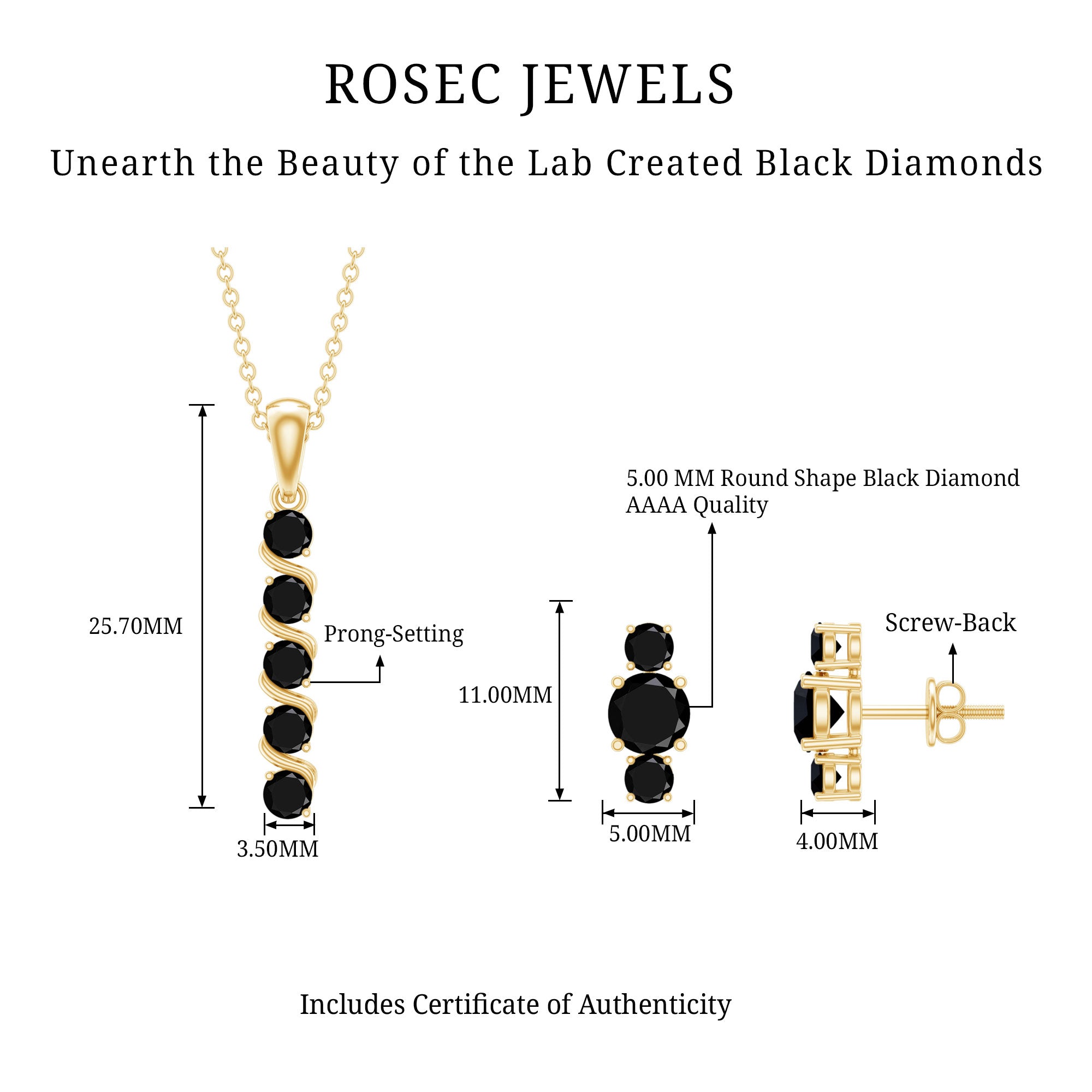 Lab Grown Black Diamond Bar Necklace and Earrings Set AAAA ( Synthetic ) - Rosec Jewels
