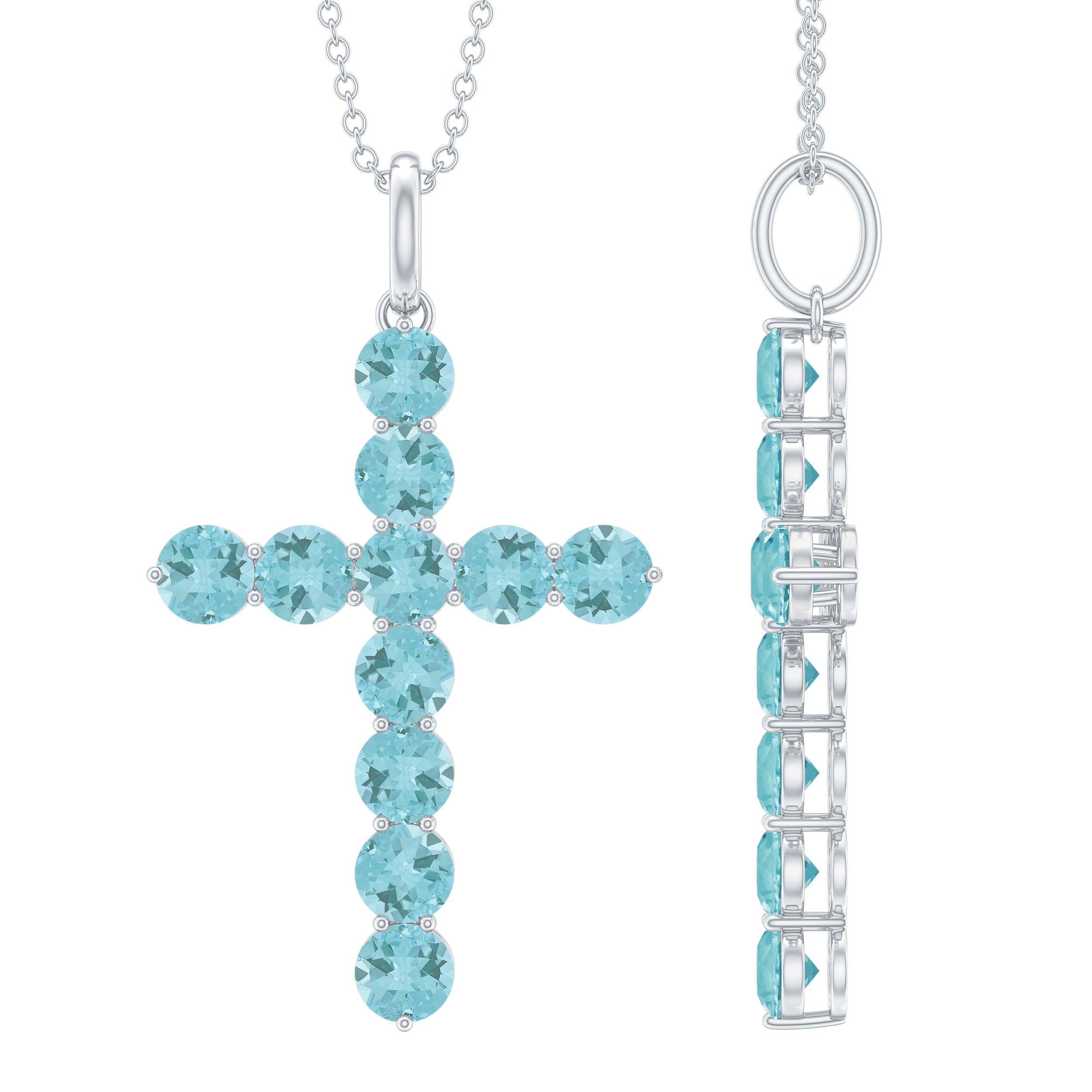 Natural Sky Blue Topaz Cross Pendant With Silver Chain