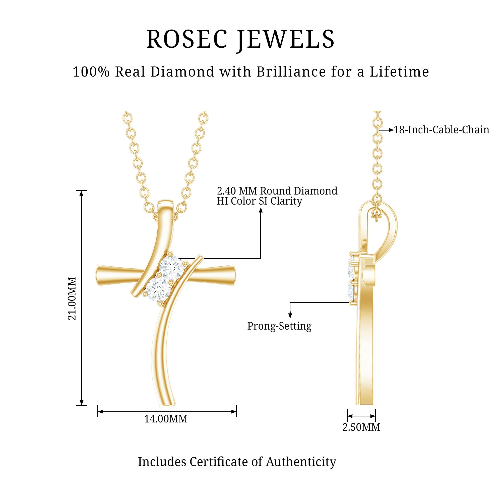 Rosec Jewels-Diamond and Gold Bypass Cross Contemporary Pendant for Women