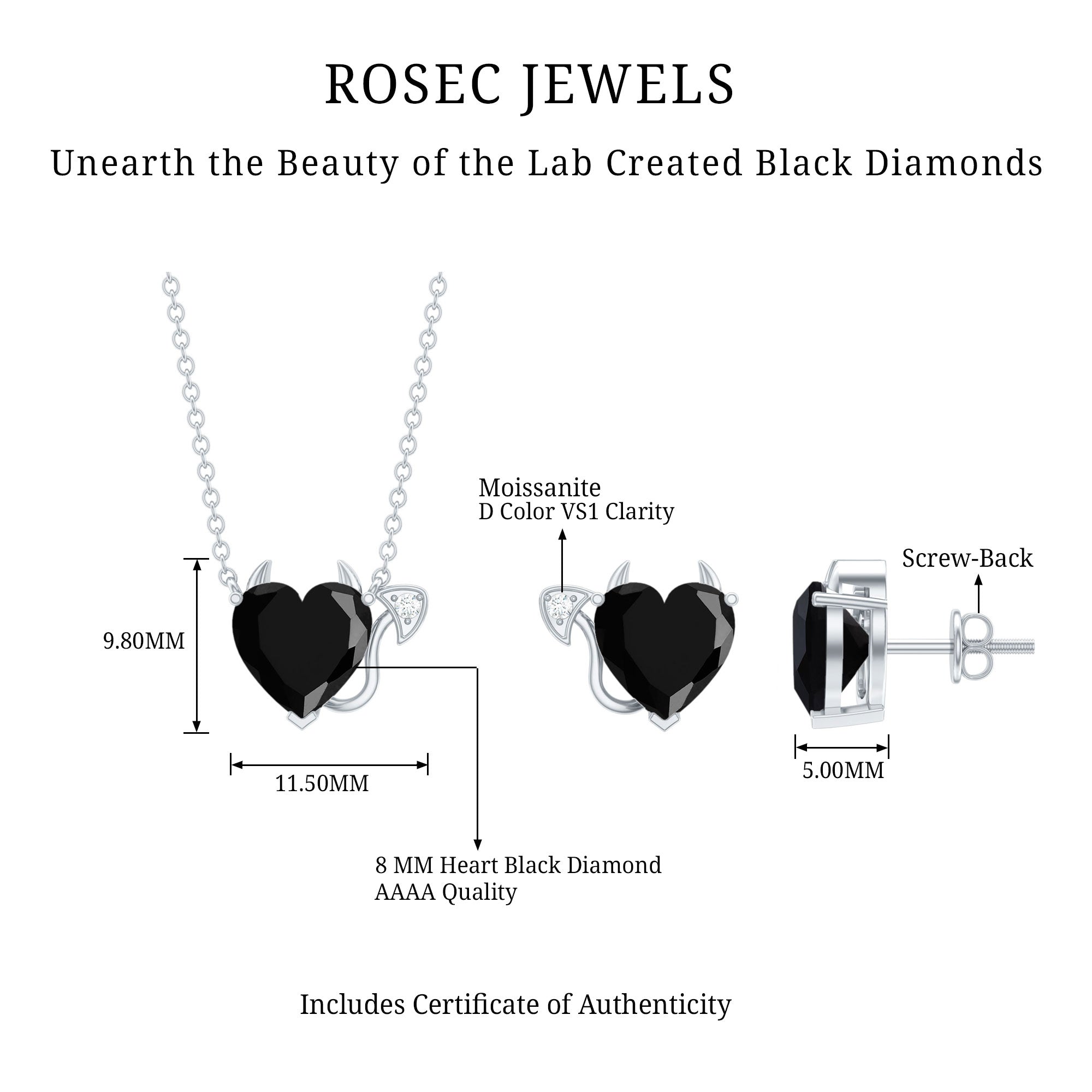 Heart Shape Lab Grown Black and White Diamond Devil Jewelry Set AAAA ( Synthetic ) - Rosec Jewels