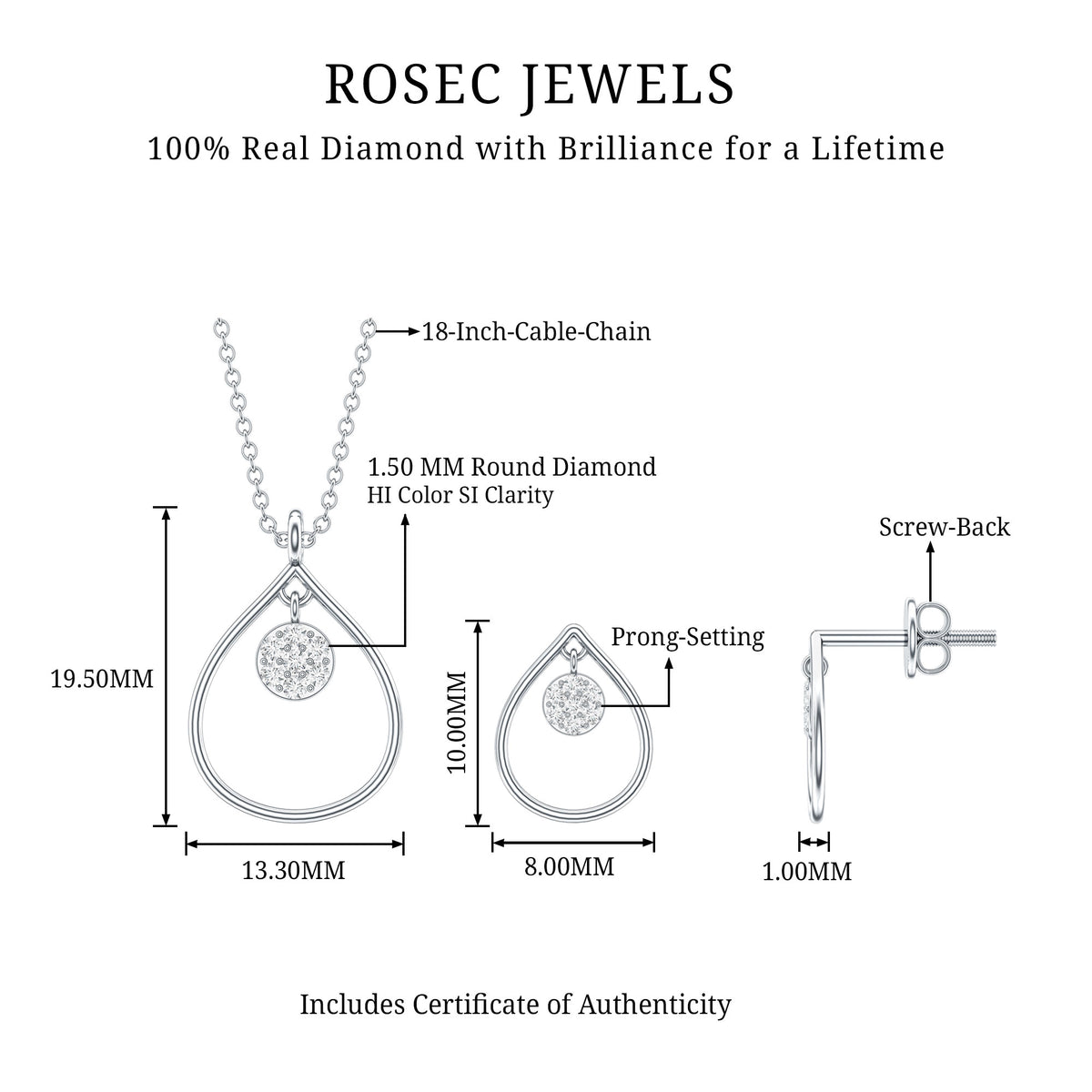 Diamond Wedding Necklace Earring Set for Bride Natural - ( HI-SI ) - Rosec Jewels