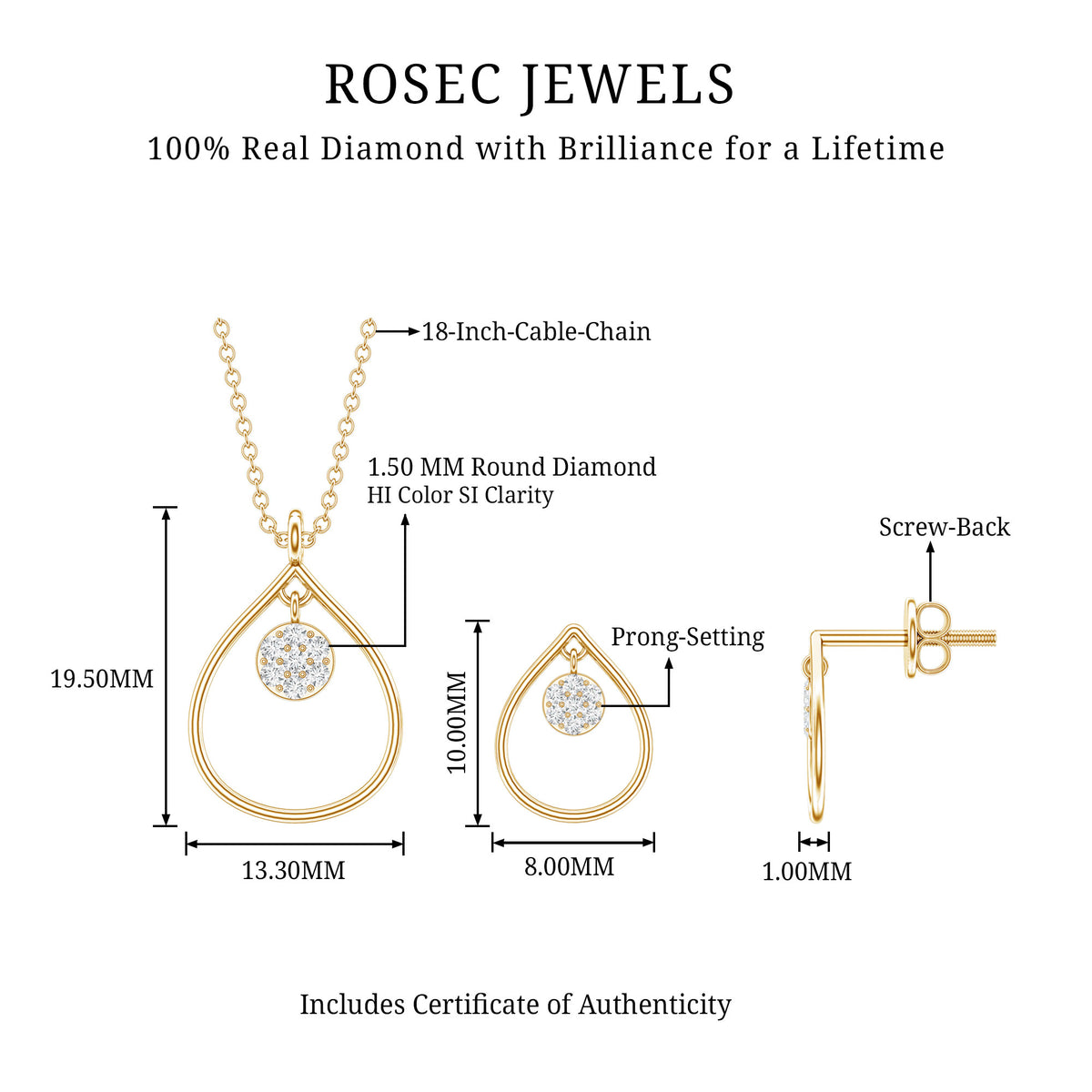 Diamond Wedding Necklace Earring Set for Bride Natural - ( HI-SI ) - Rosec Jewels