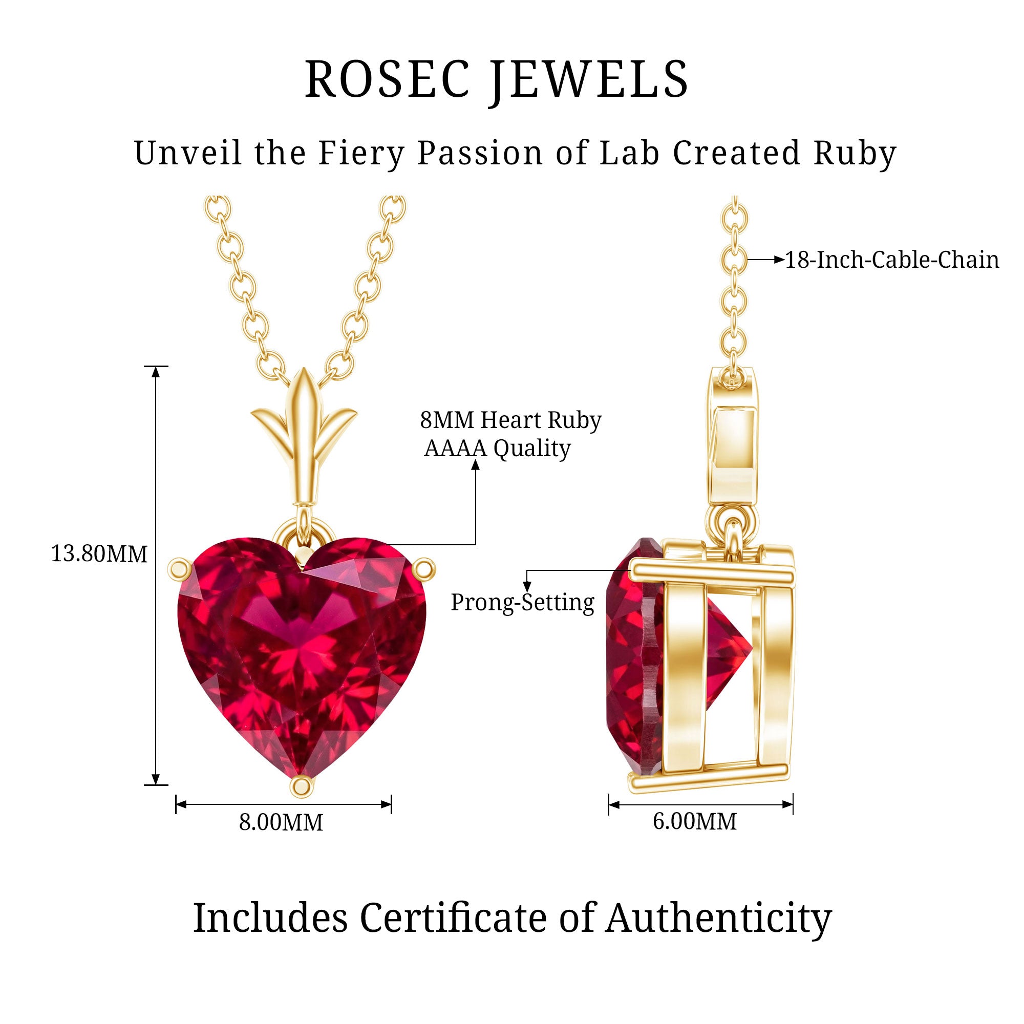 2 CT Heart Shape Lab Created Ruby Solitaire Necklace AAAA - Rosec Jewels