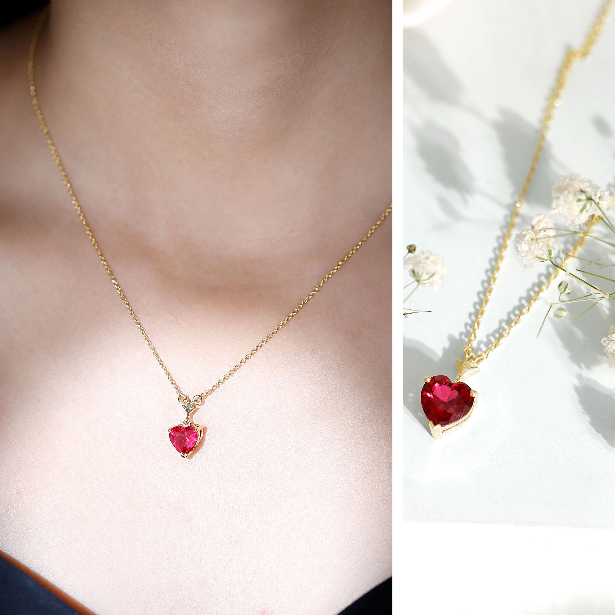 2 CT Heart Shape Lab Created Ruby Solitaire Necklace AAAA - Rosec Jewels