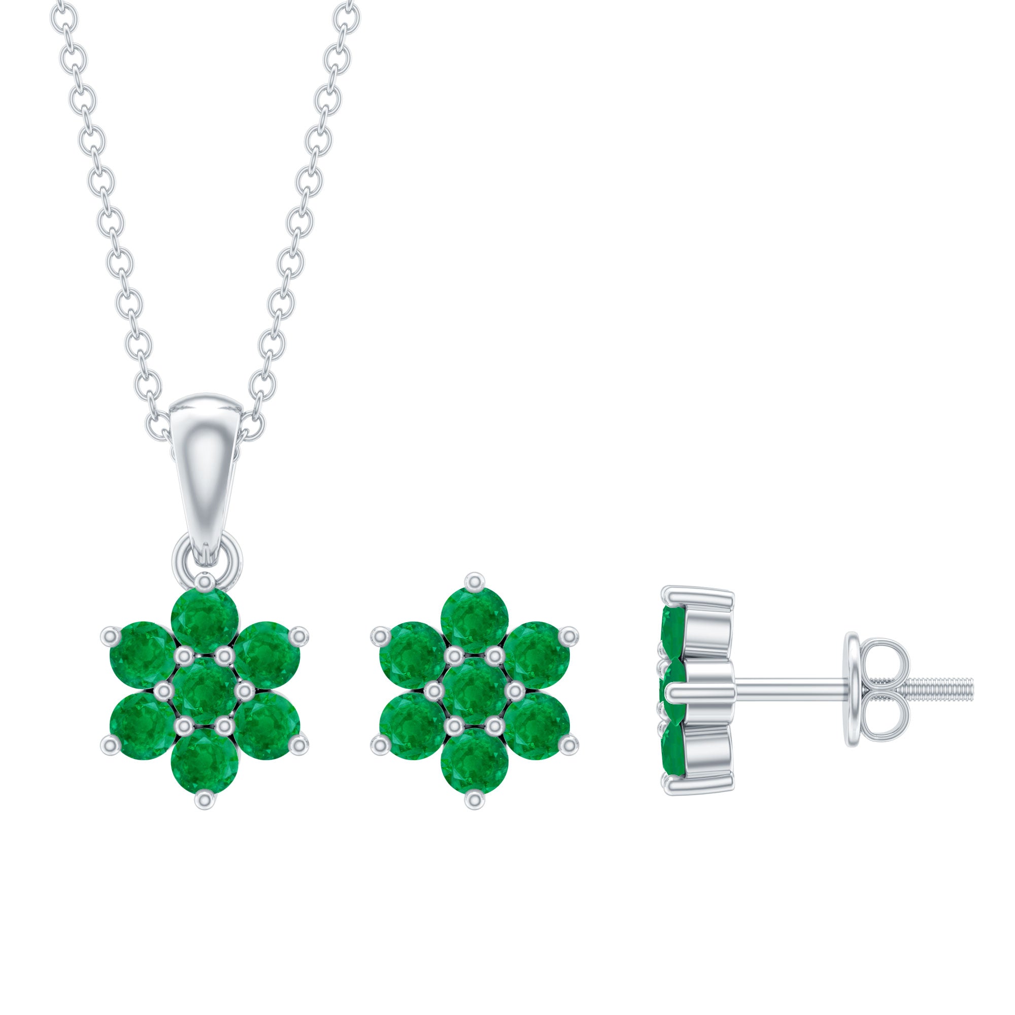 1.25 CT Round Cut Emerald Floral Pendant and Earring Set