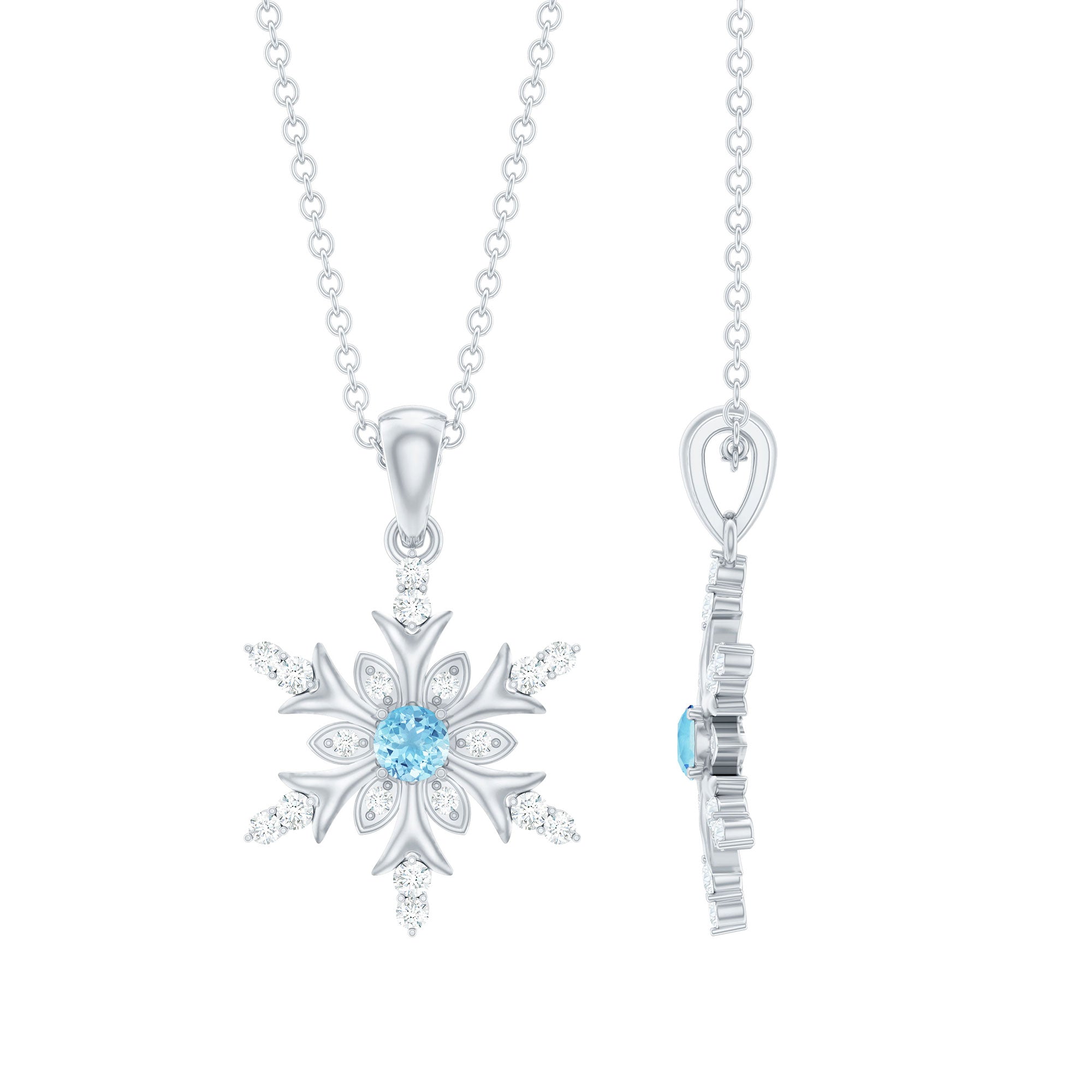 Aquamarine and Diamond Designer Snowflake Necklace With Chain