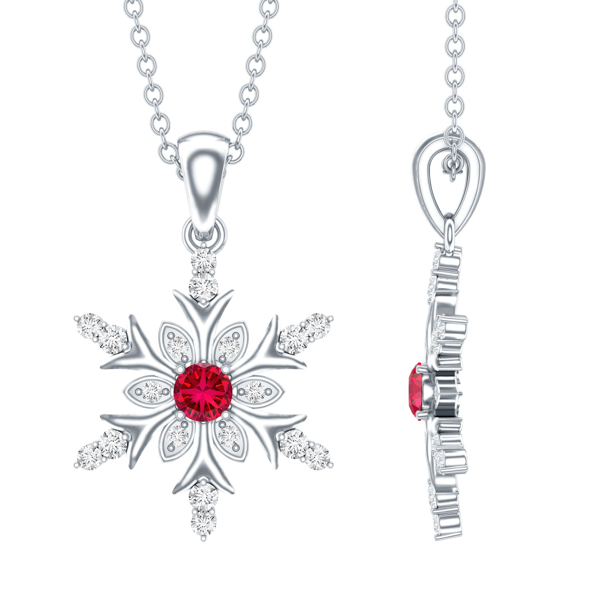 Lab Created Ruby Snowflake Pendant with Diamond Accent AAAA - Rosec Jewels