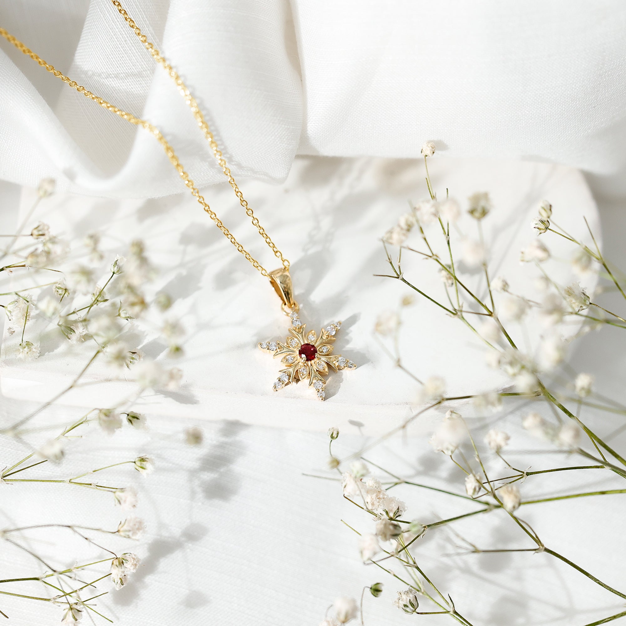 Lab Created Ruby Snowflake Pendant with Diamond Accent AAAA - Rosec Jewels