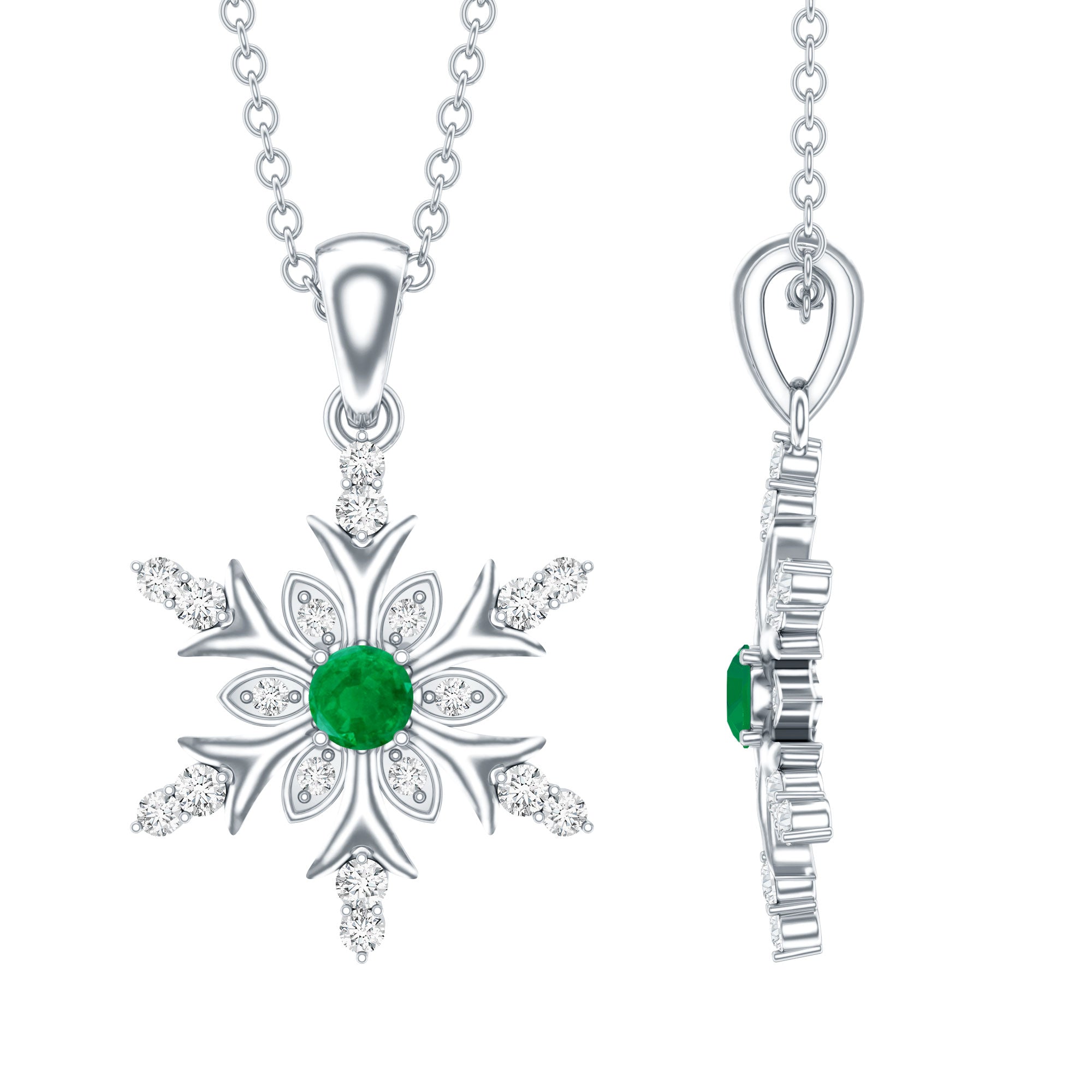 Emerald Snowflake Pendant Necklace with Diamond AAA - Rosec Jewels