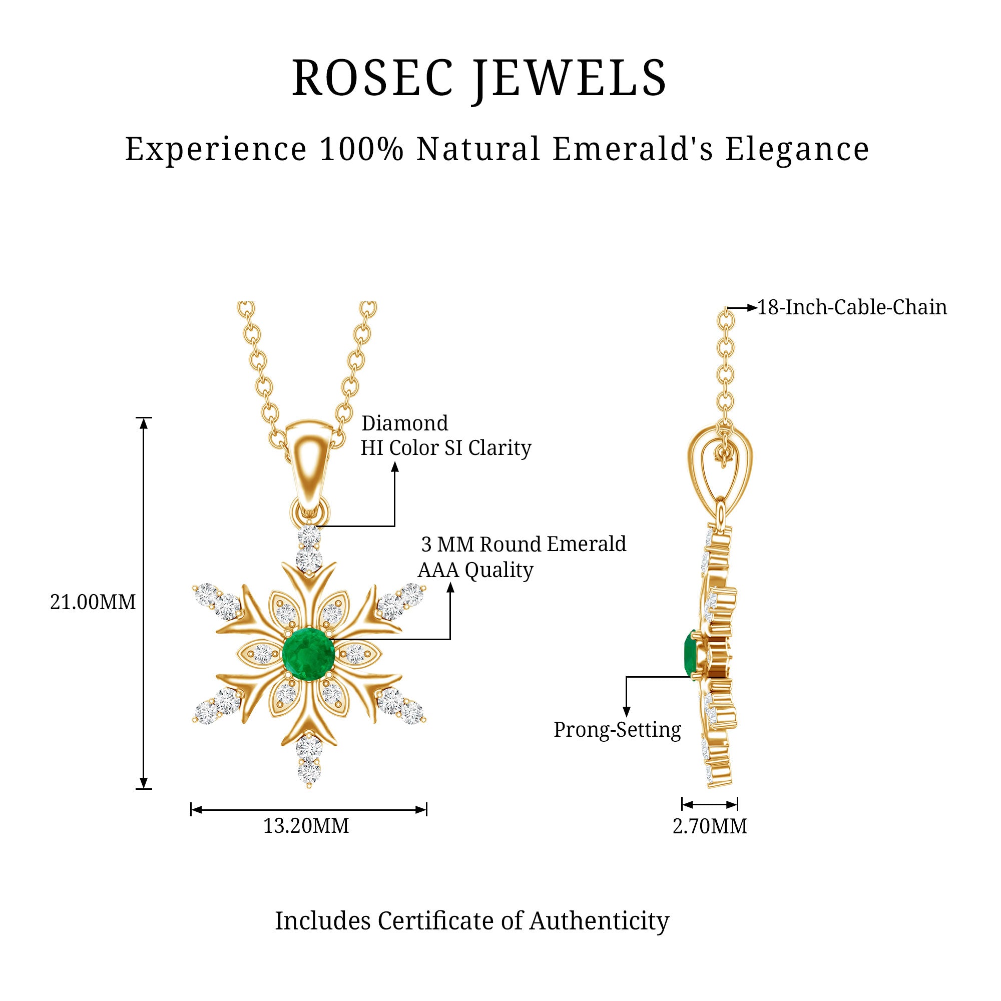 Emerald Snowflake Pendant Necklace with Diamond AAA - Rosec Jewels