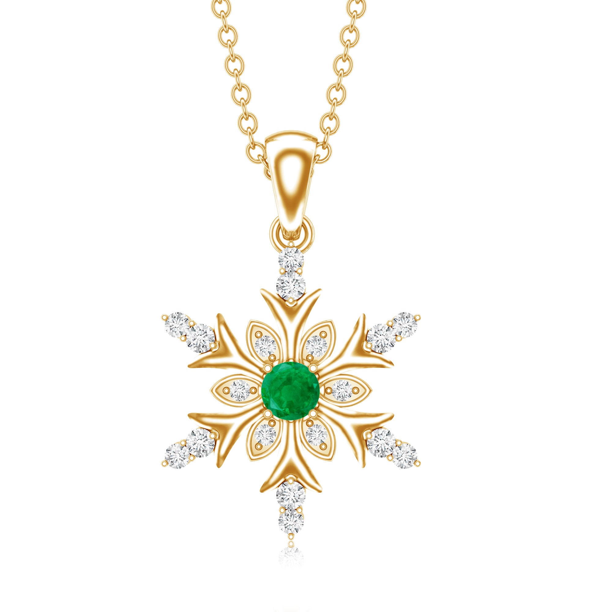 Emerald Snowflake Pendant Necklace with Diamond AAA - Rosec Jewels