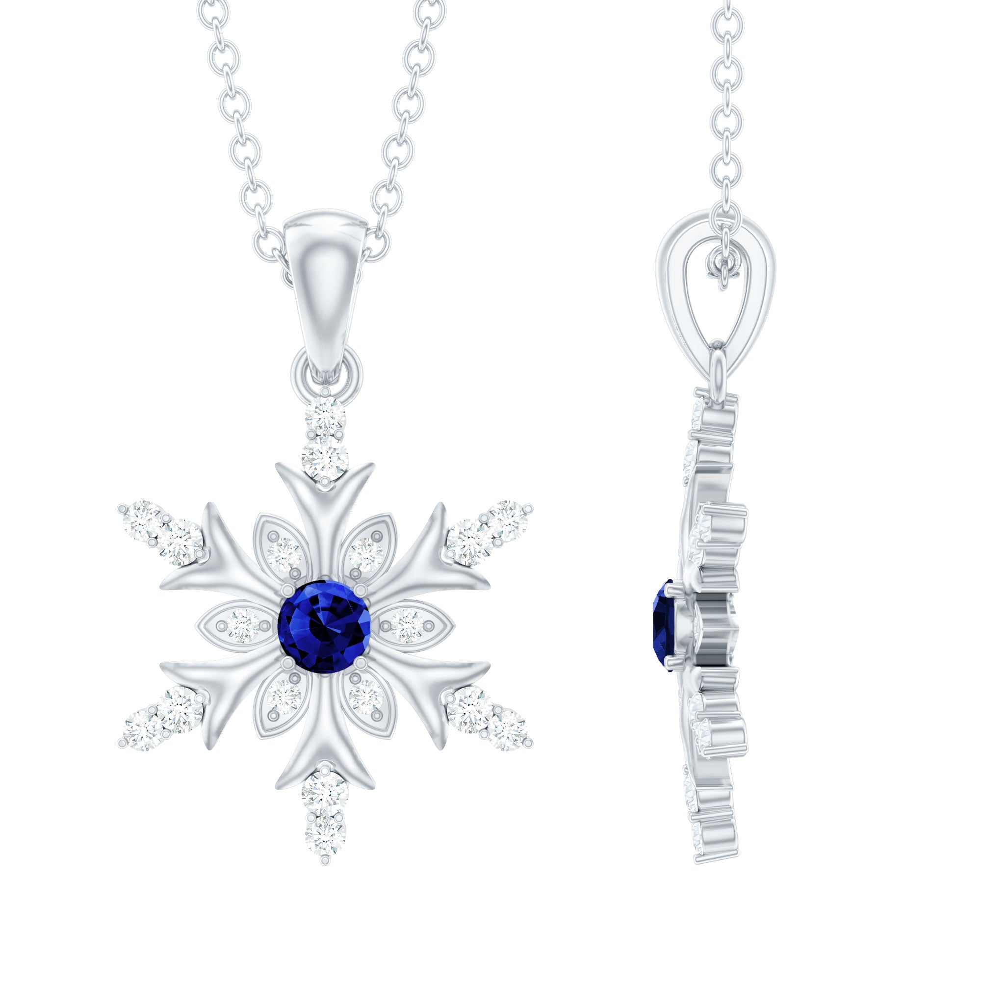 Created Blue Sapphire Designer Snowflake Pendant with Diamond