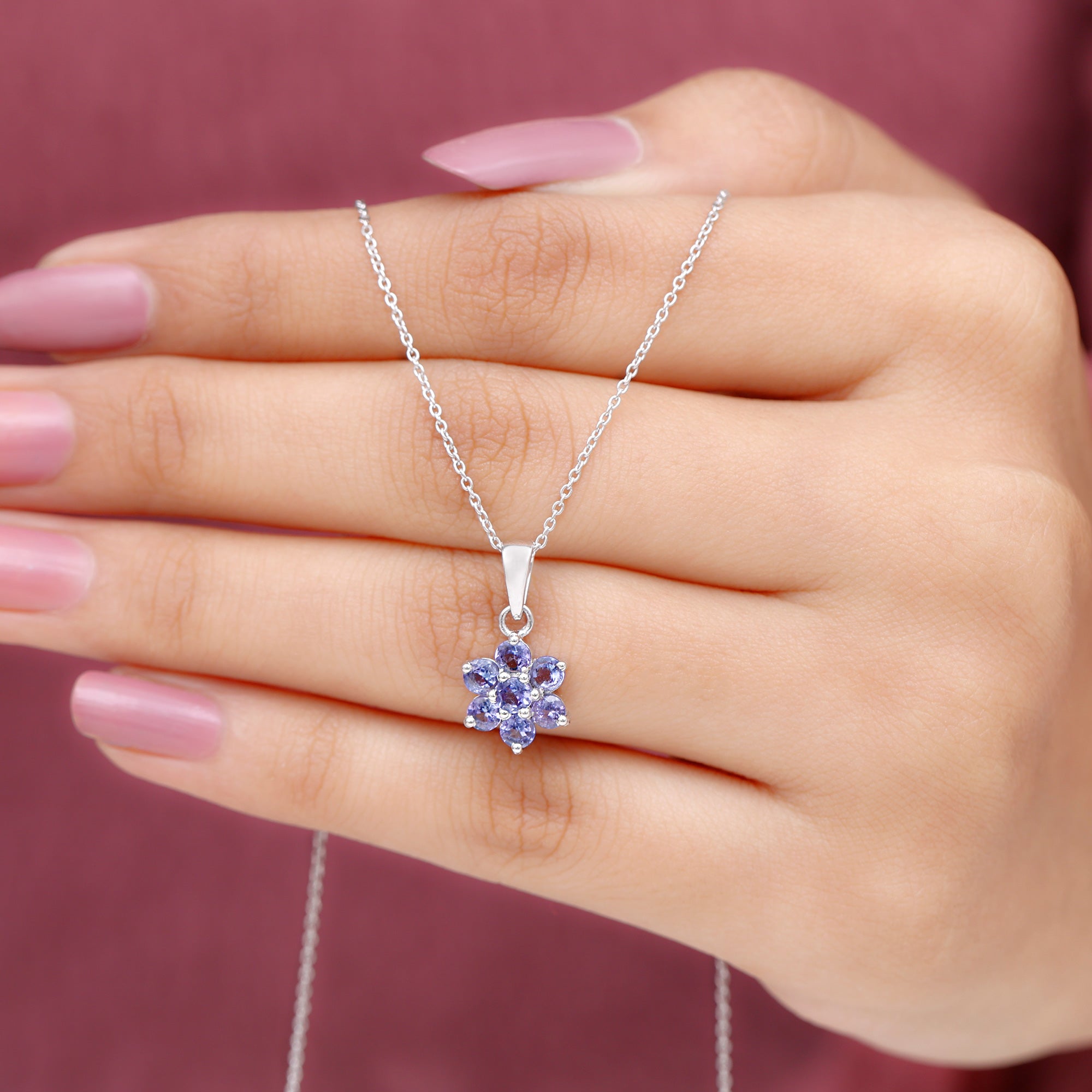 Natural Tanzanite Flower Cluster Pendant Necklace AAA - Rosec Jewels