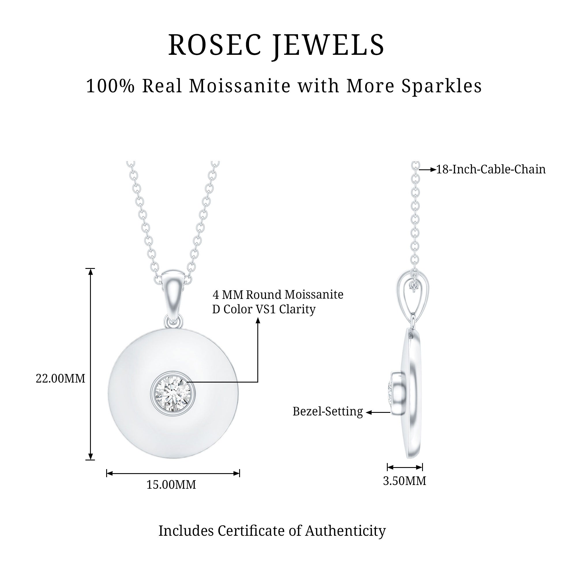 Certified Round Moissanite Disc Necklace in Bezel Setting D-VS1 - Rosec Jewels