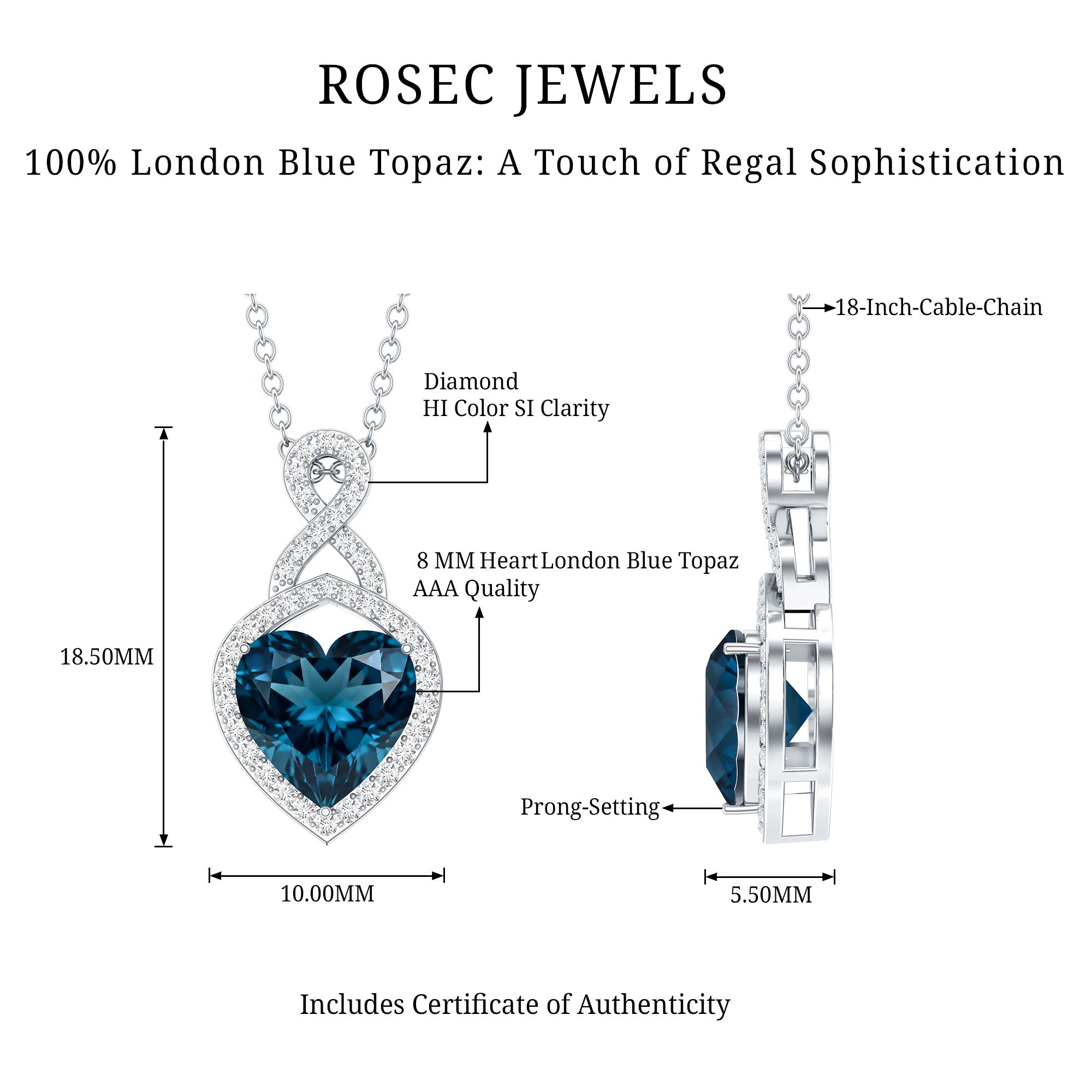2 Carat Heart Shape London Blue Topaz Infinity Necklace with Diamond AAA - Rosec Jewels