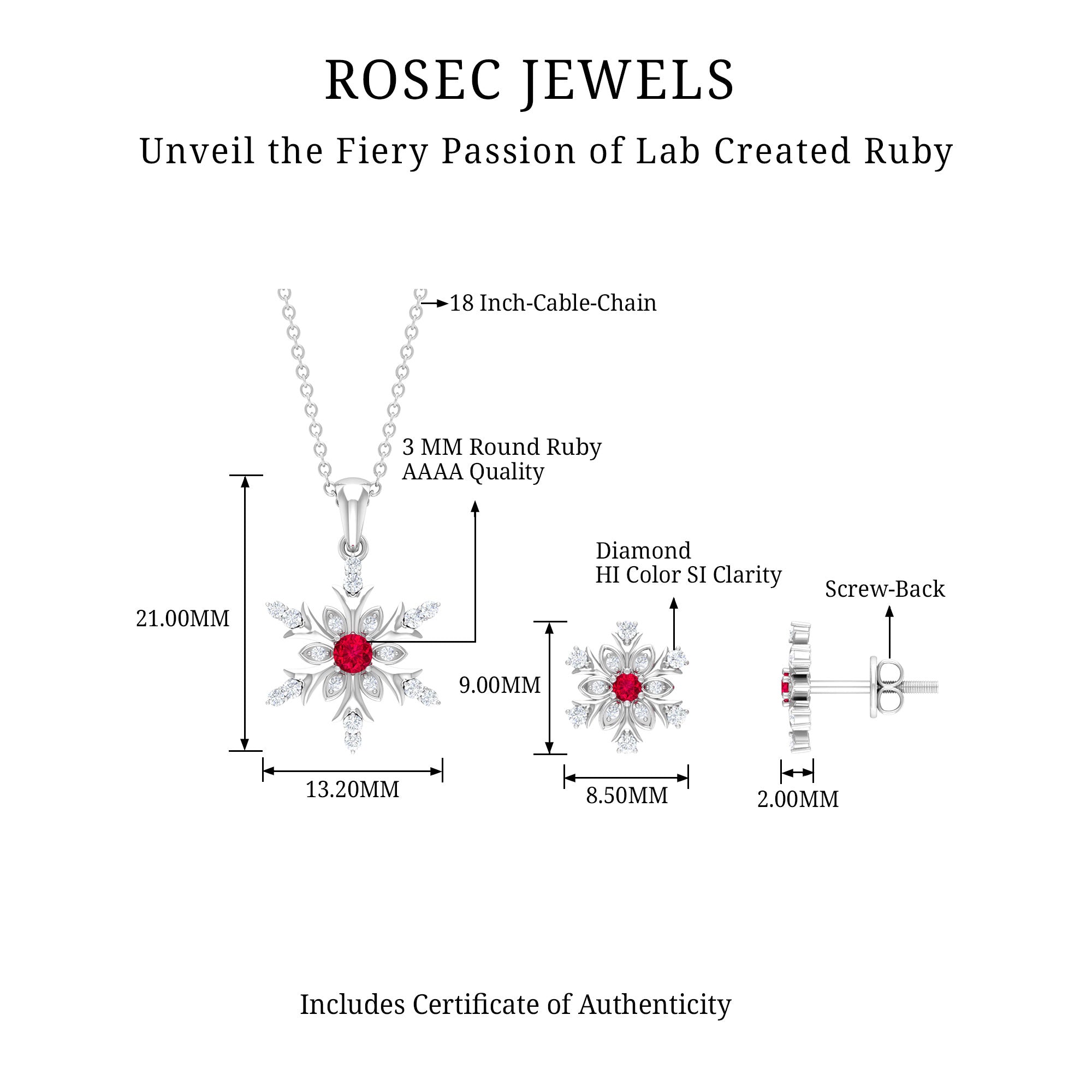 Lab Grown Ruby and Diamond Snowflake Necklace With Earrings AAAA - Rosec Jewels