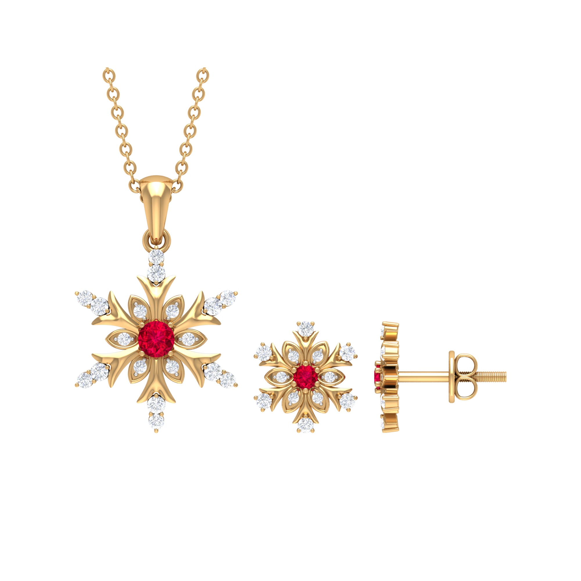Lab Grown Ruby and Diamond Snowflake Necklace With Earrings AAAA - Rosec Jewels