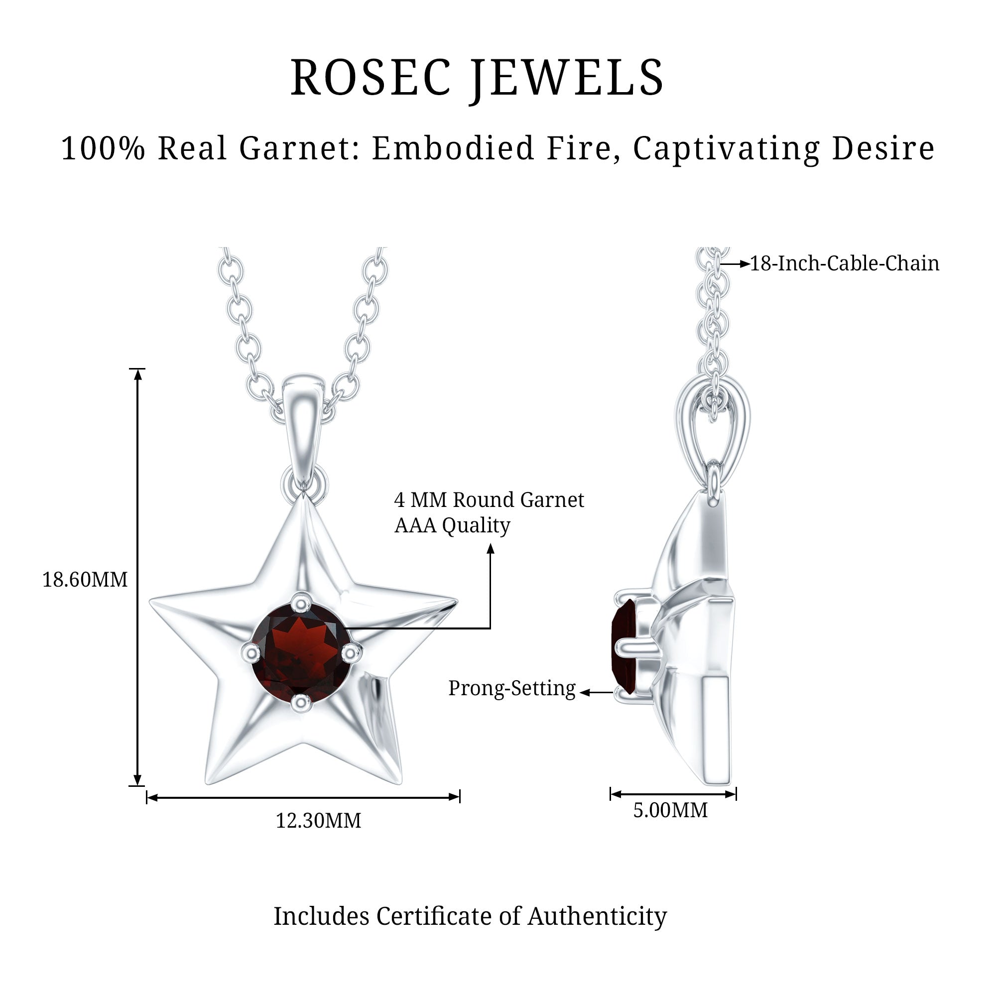 Natural Garnet Star Charm Pendant Necklace With Chain AAA - Rosec Jewels