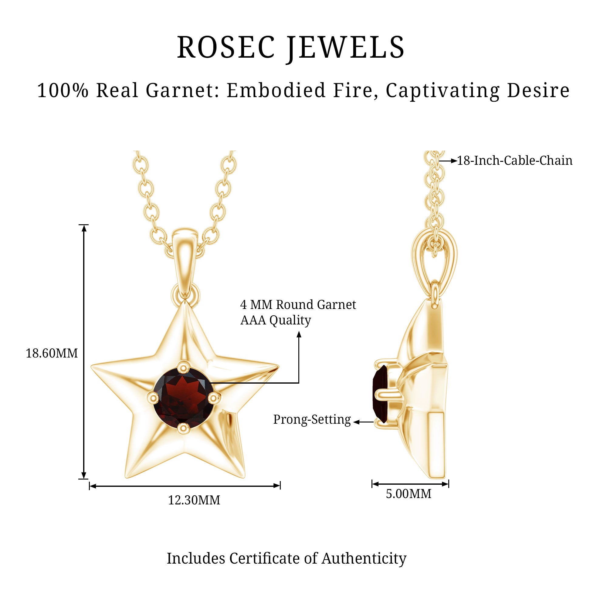 Natural Garnet Star Charm Pendant Necklace With Chain AAA - Rosec Jewels
