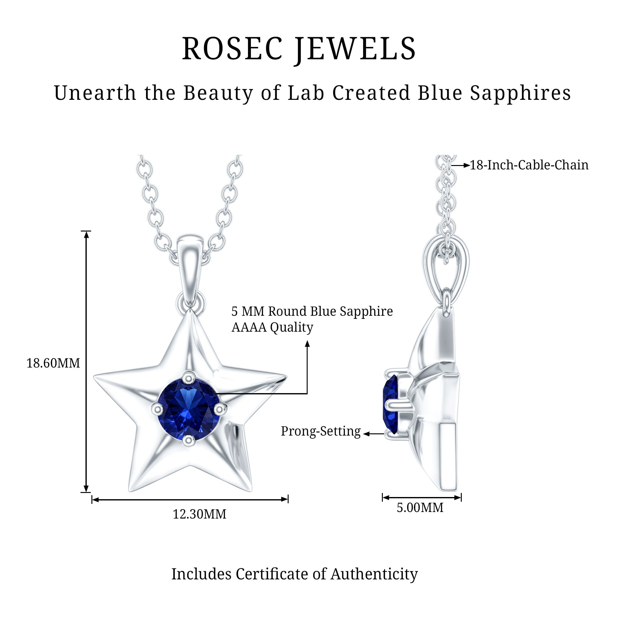 Lab Created Blue Sapphire Star Of David Necklace AAAA - Rosec Jewels
