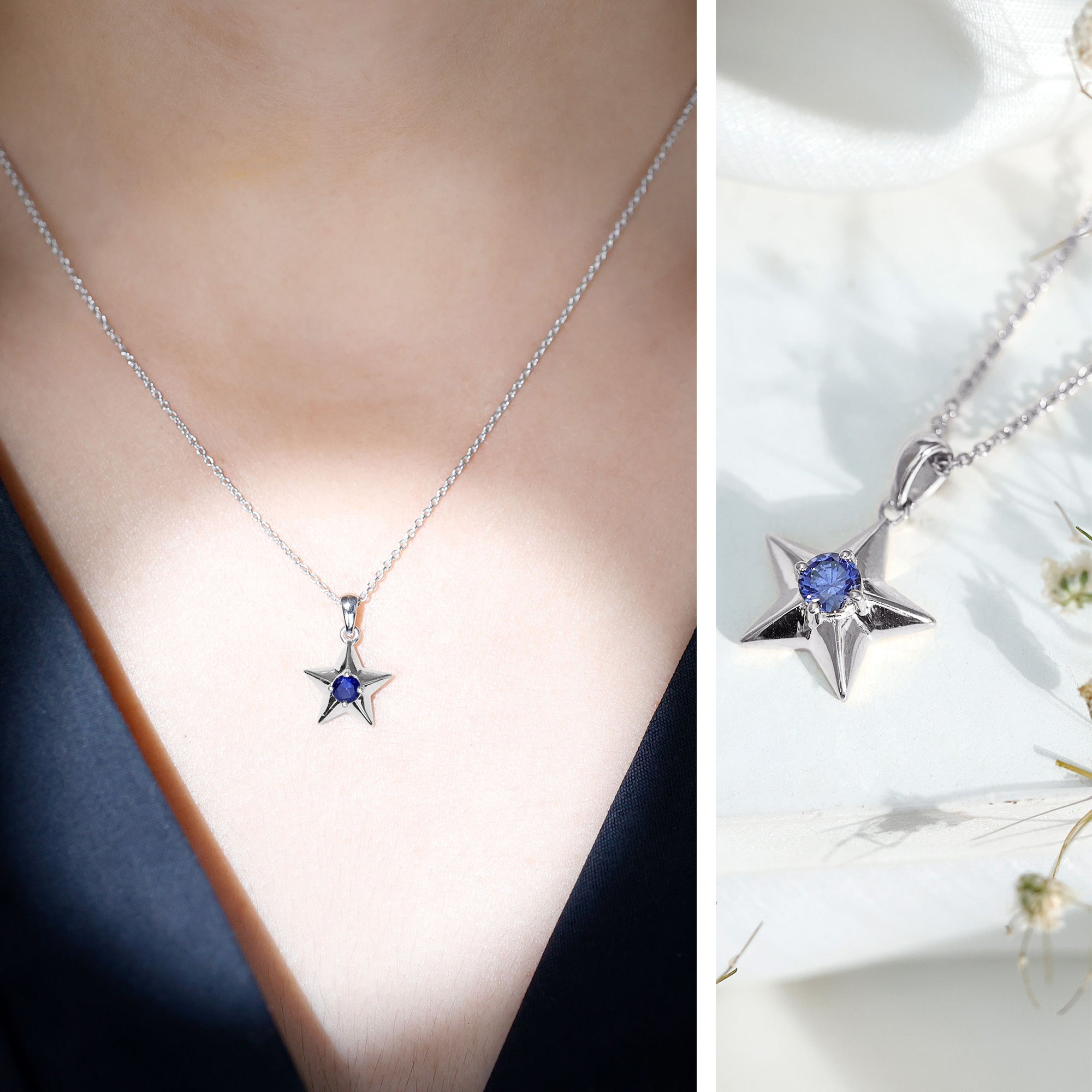 Lab Created Blue Sapphire Star Of David Necklace AAAA - Rosec Jewels