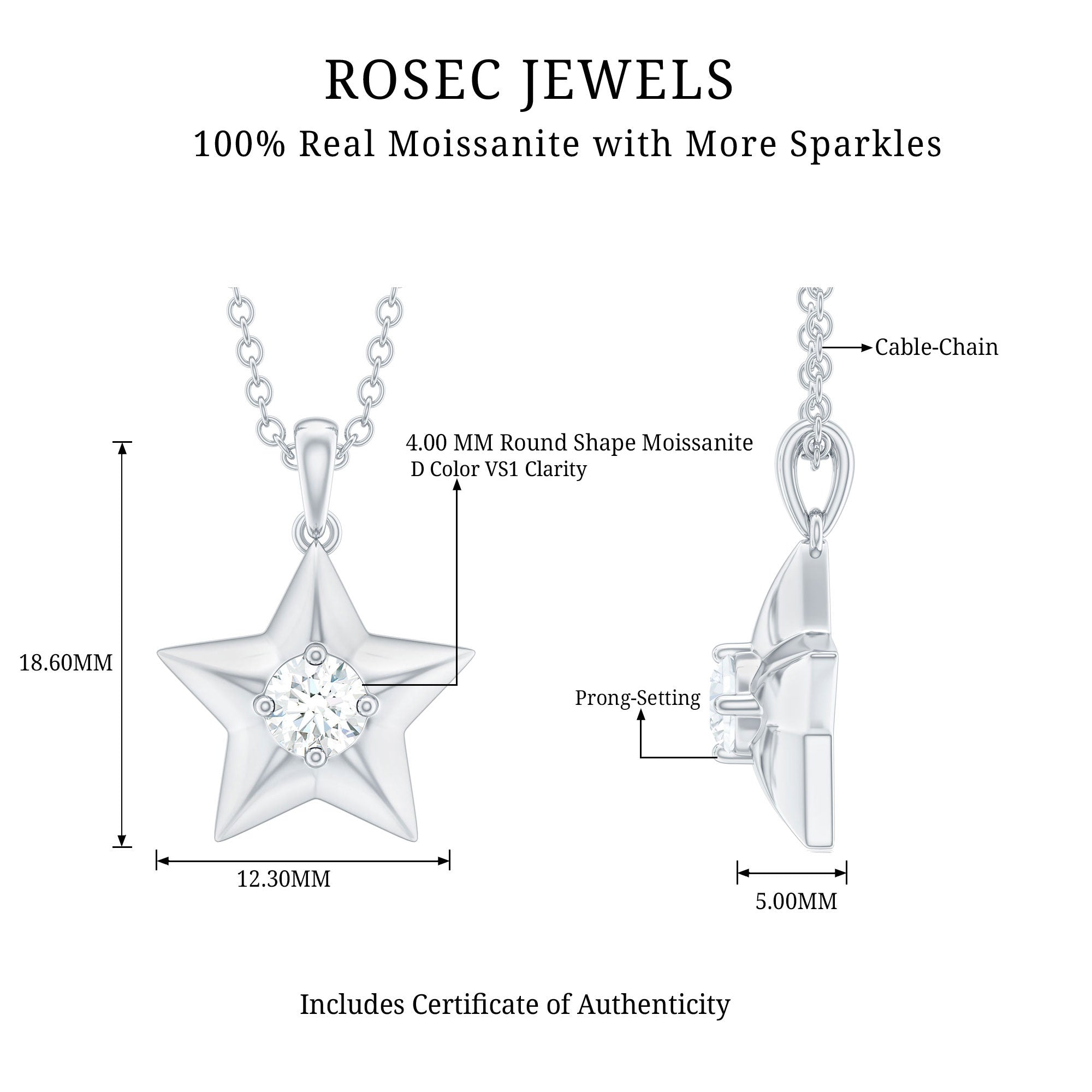 Certified Moissanite Star Pendant Necklace with Chain D-VS1 - Rosec Jewels