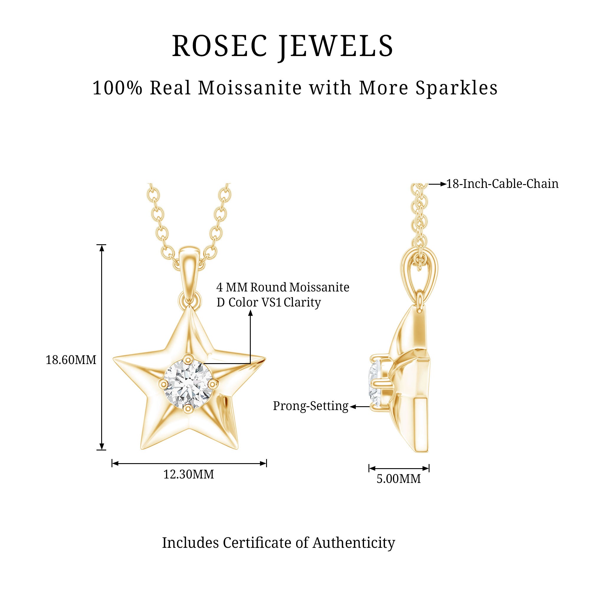 Certified Moissanite Star Pendant Necklace with Chain D-VS1 - Rosec Jewels