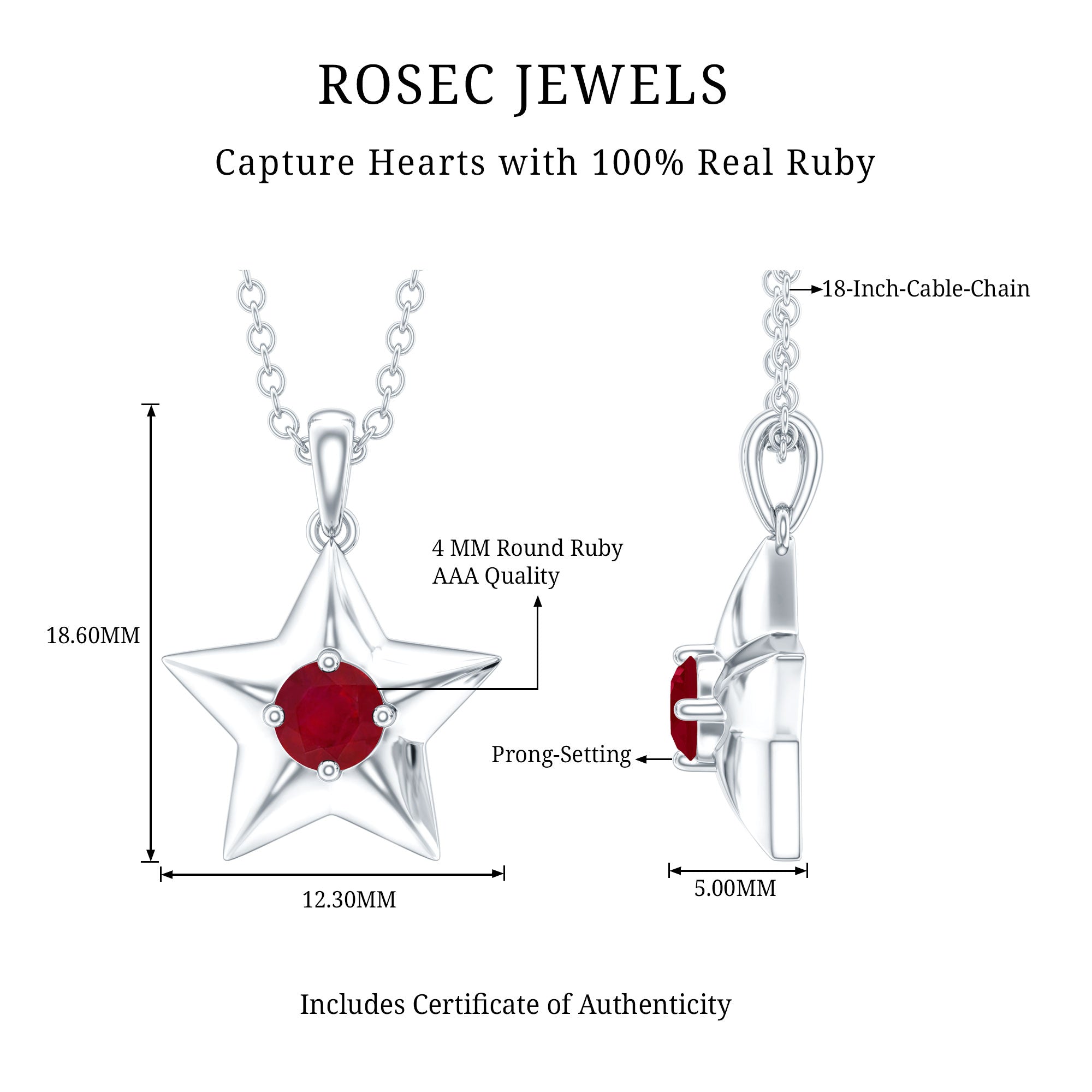 Genuine Ruby Star Pendant for Women AAA - Rosec Jewels