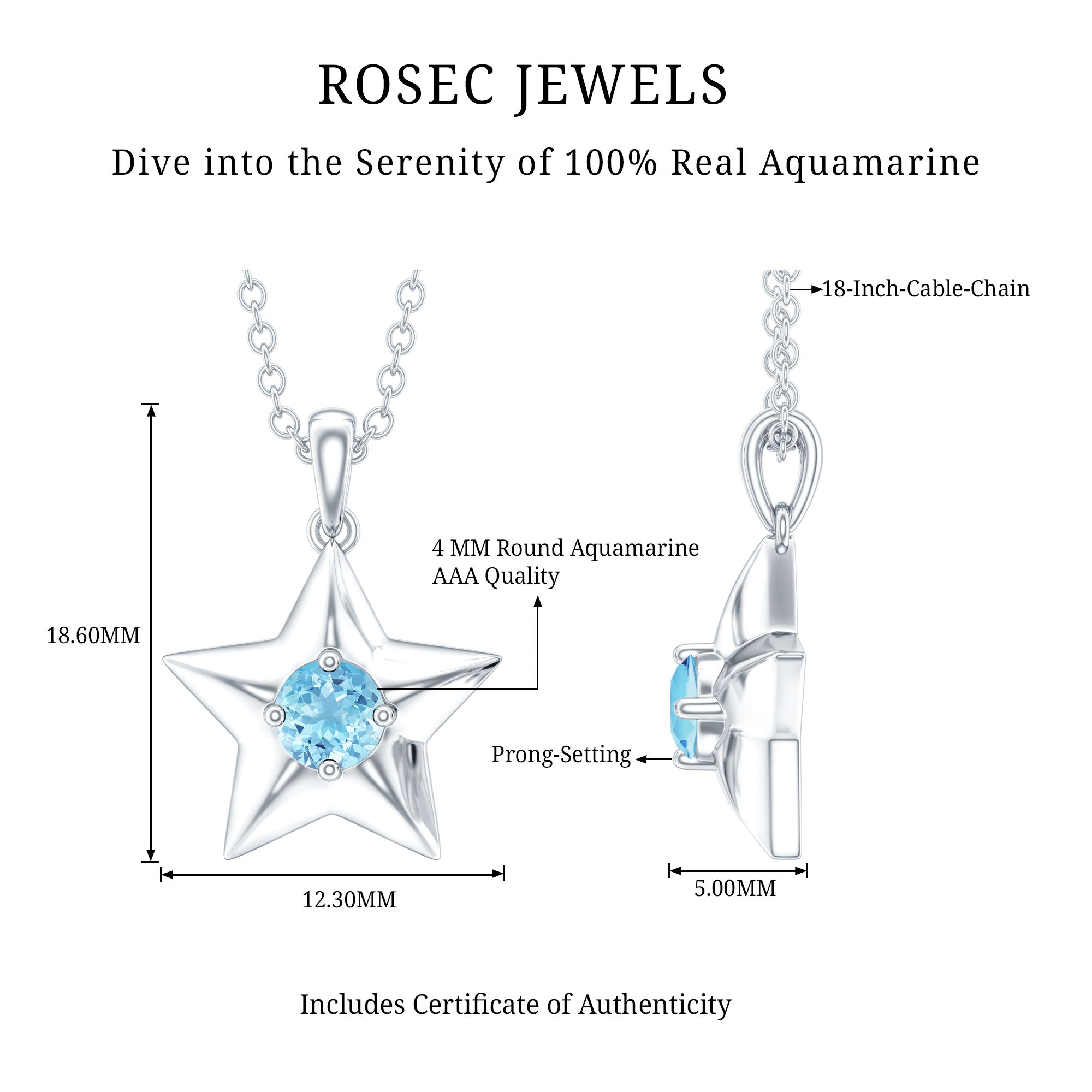 Natural Aquamarine Star of David Necklace for Women AAA - Rosec Jewels