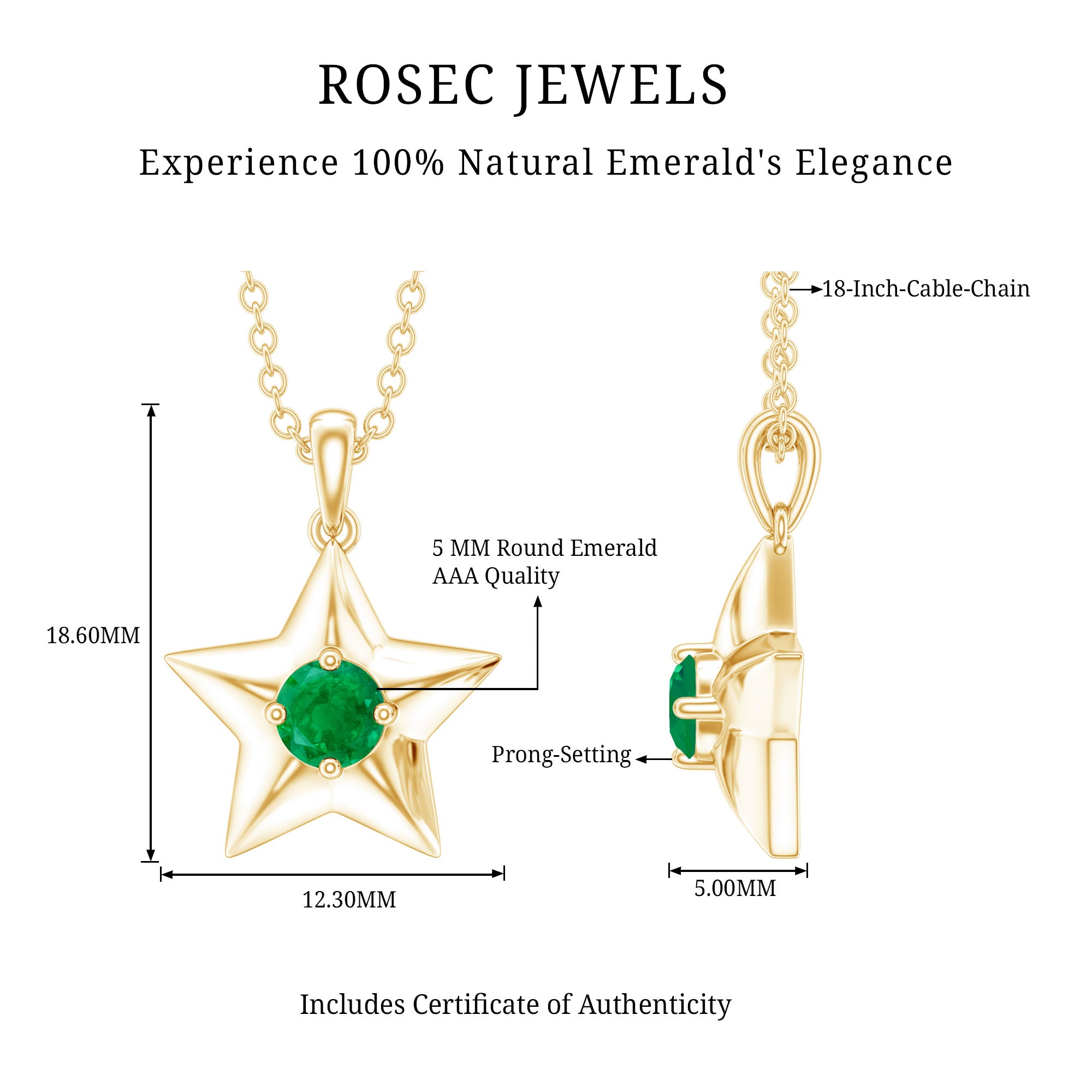 Natural Half Carat Emerald Star Pendant Necklace for Women AAA - Rosec Jewels