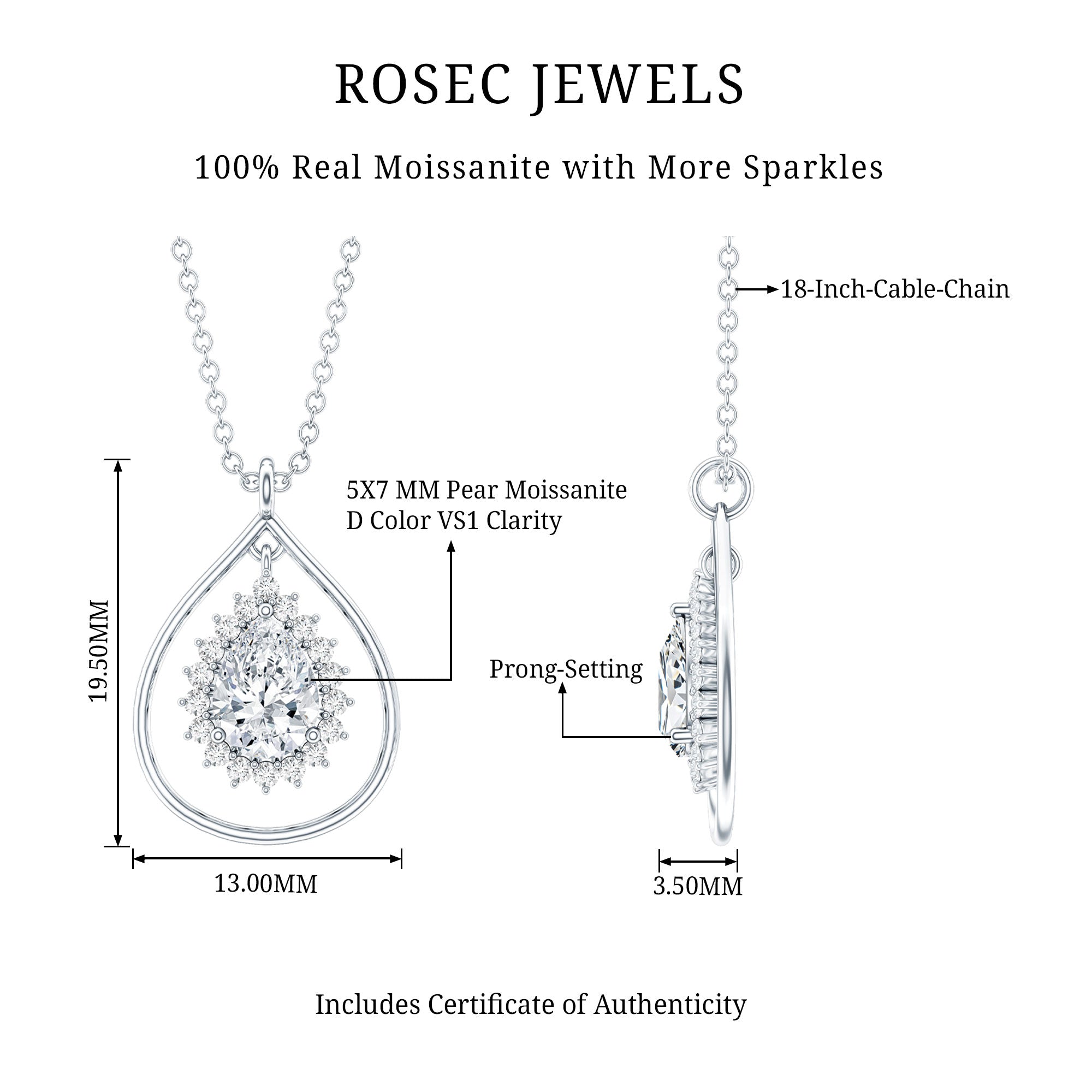 Certified 0.7 Carat Moissanite Teardrop Pendant Necklace D-VS1 - Rosec Jewels