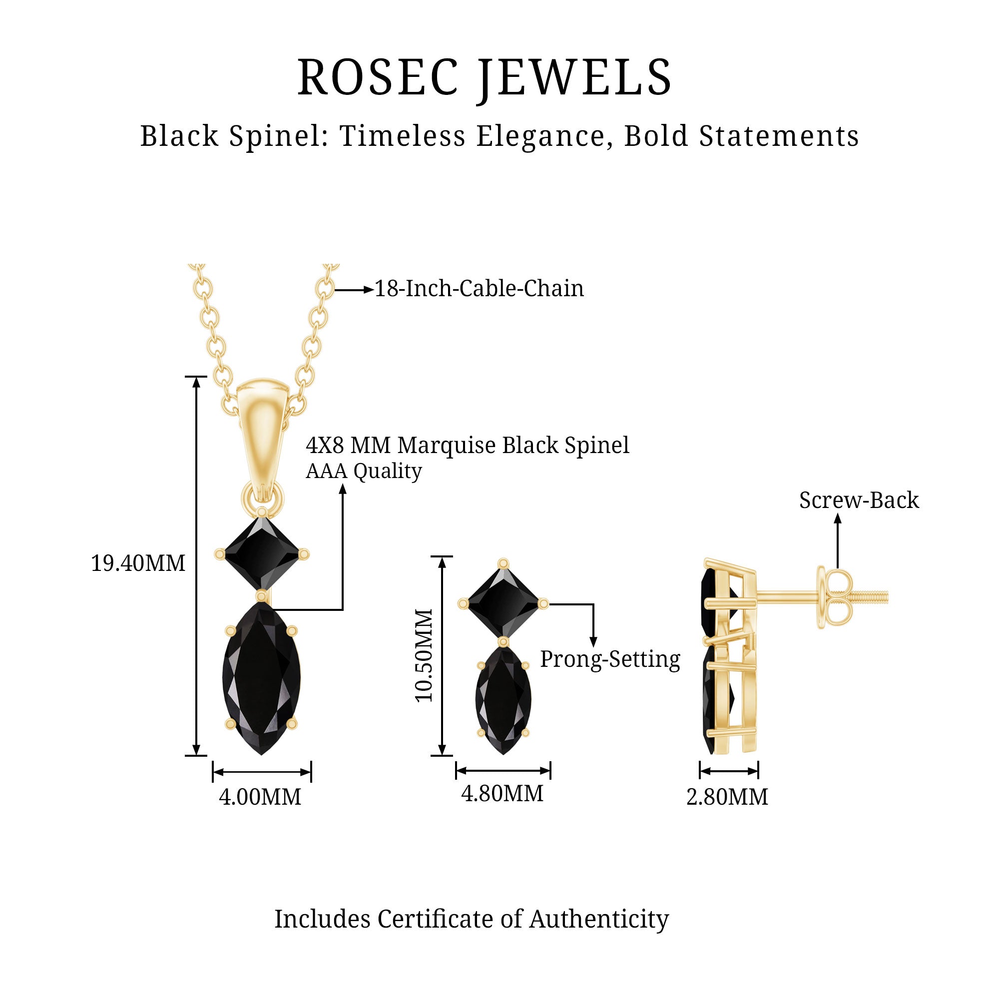 Princess and Marquise Shape Black Spinel Jewelry Set for Women AAA - Rosec Jewels