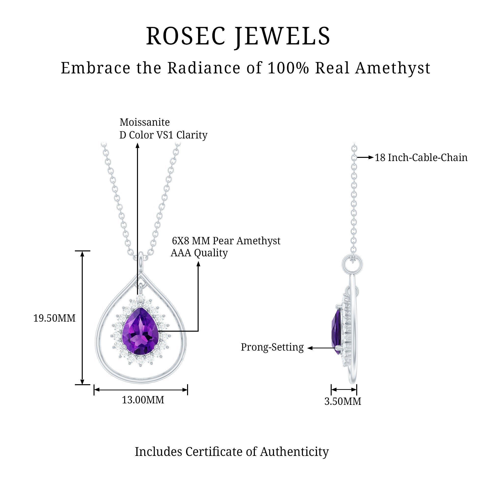 1 Carat Amethyst Teardrop Necklace with Moissanite Halo AAA - Rosec Jewels