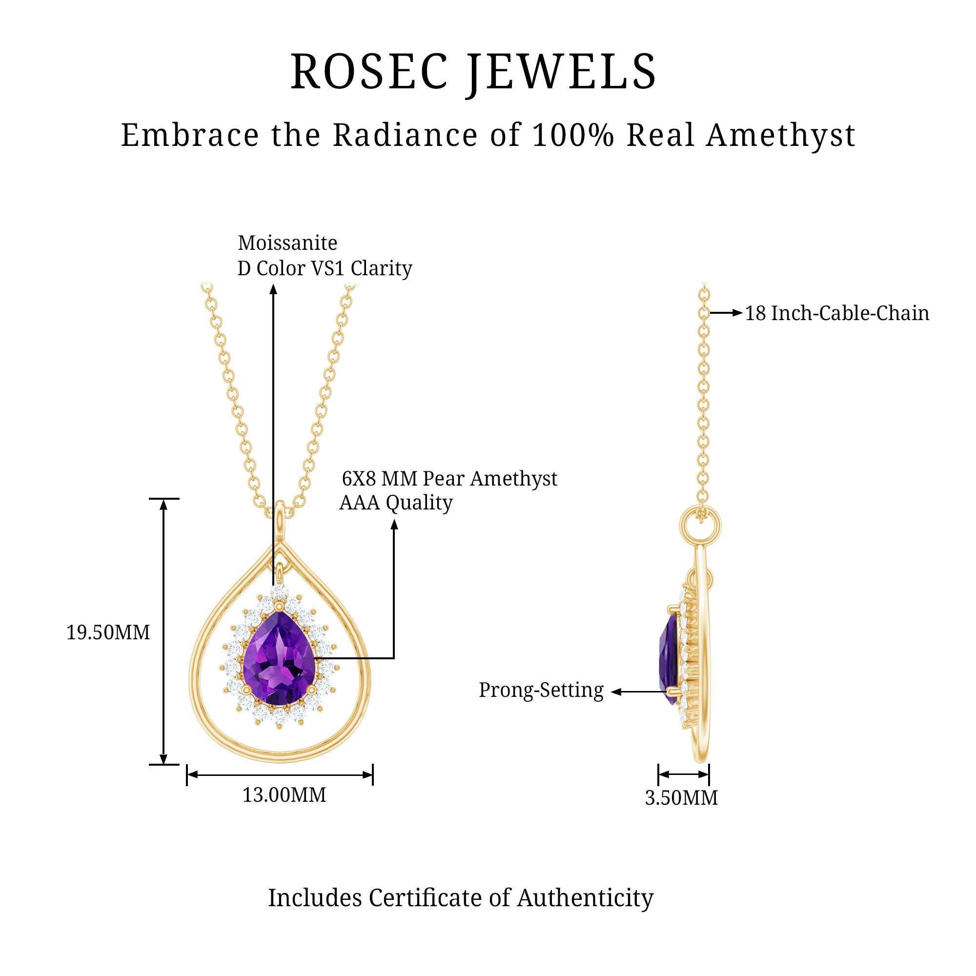 1 Carat Amethyst Teardrop Necklace with Moissanite Halo AAA - Rosec Jewels