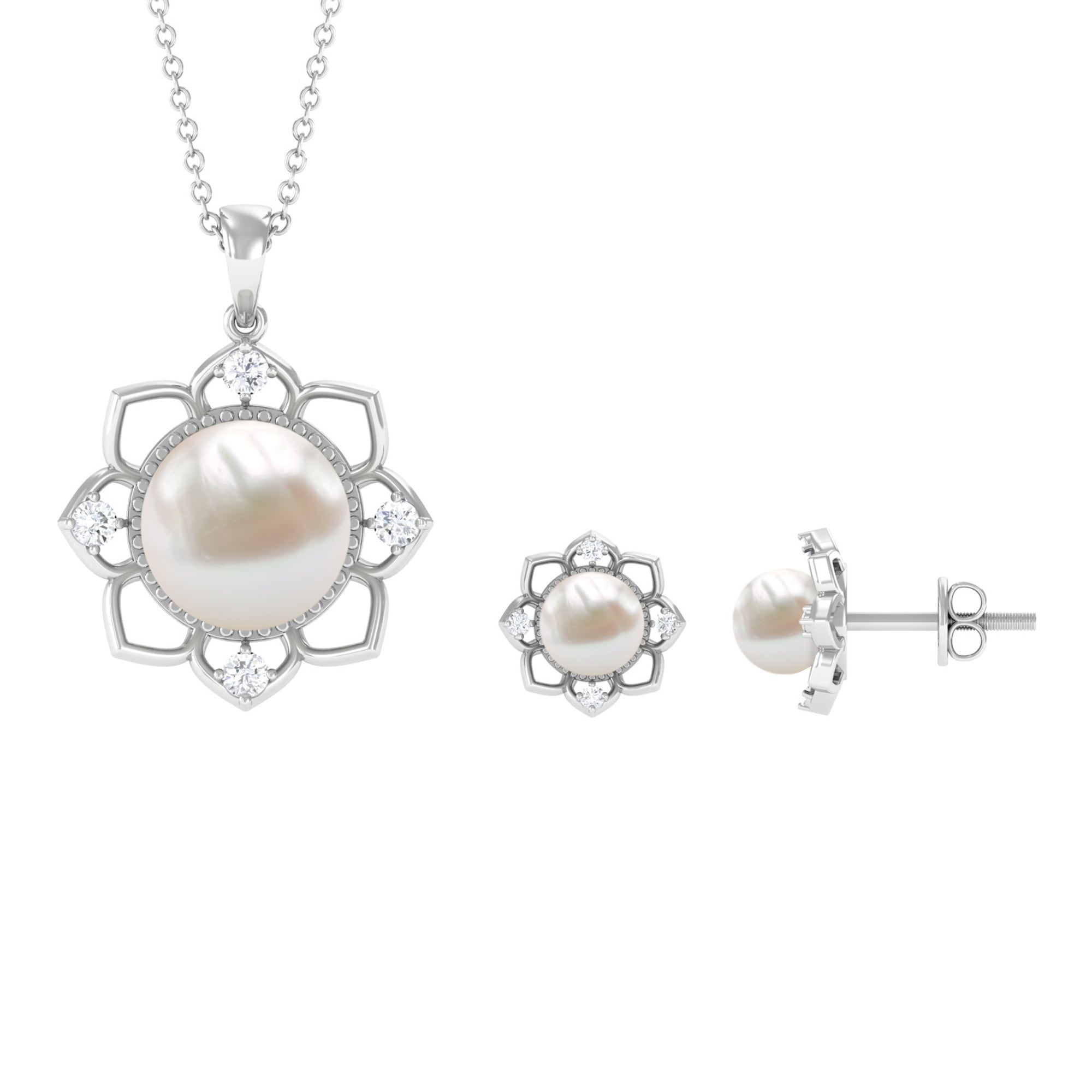 Natural Freshwater Pearl Flower Pendant and Earrings with Diamond