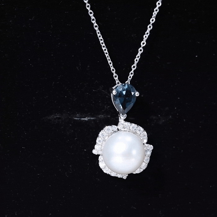 8 Carat Freshwater Pearl Designer Bridal Necklace with London Blue Topaz AAA - Rosec Jewels