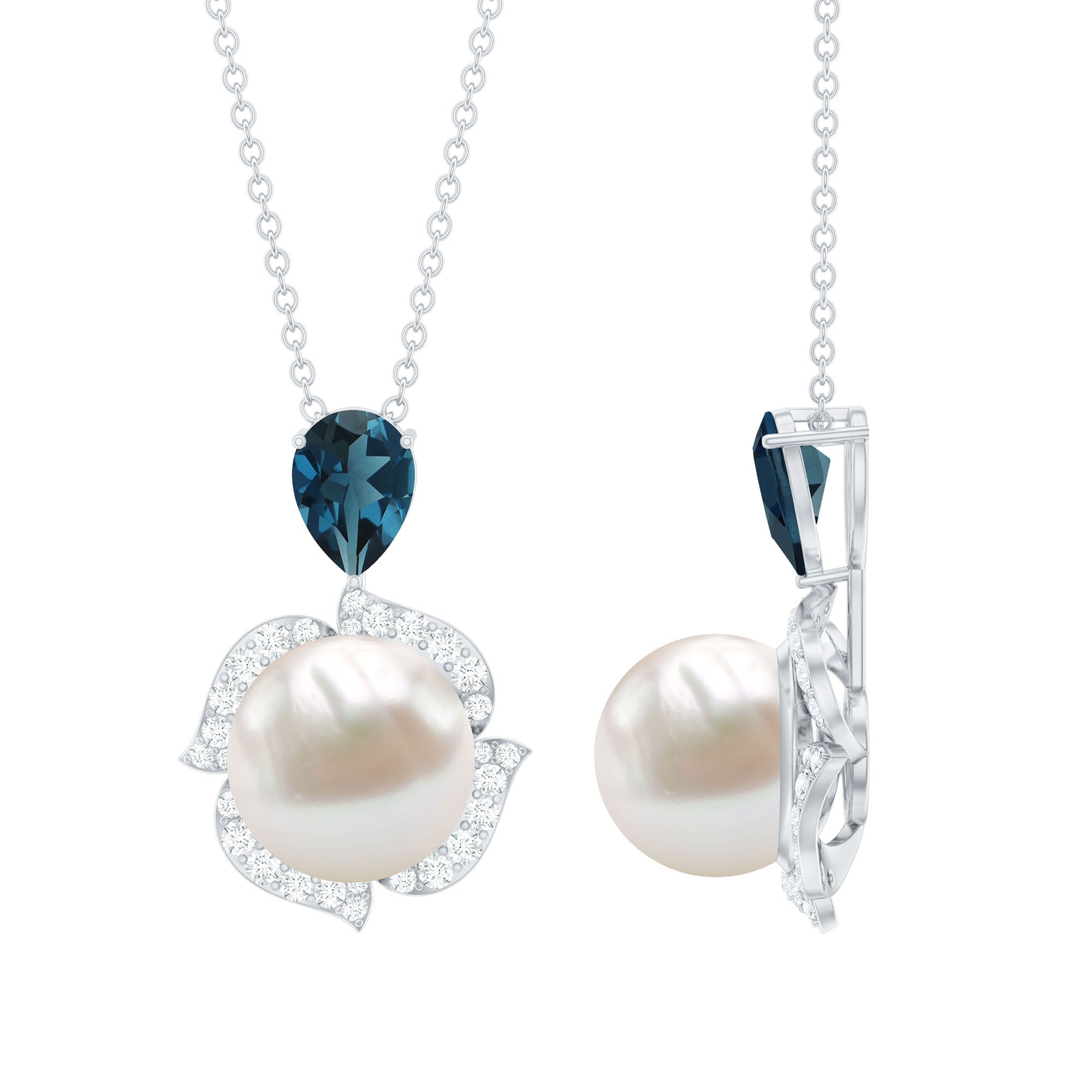 Designer Freshwater Pearl and Moissanite Halo Pendant with London Blue Topaz