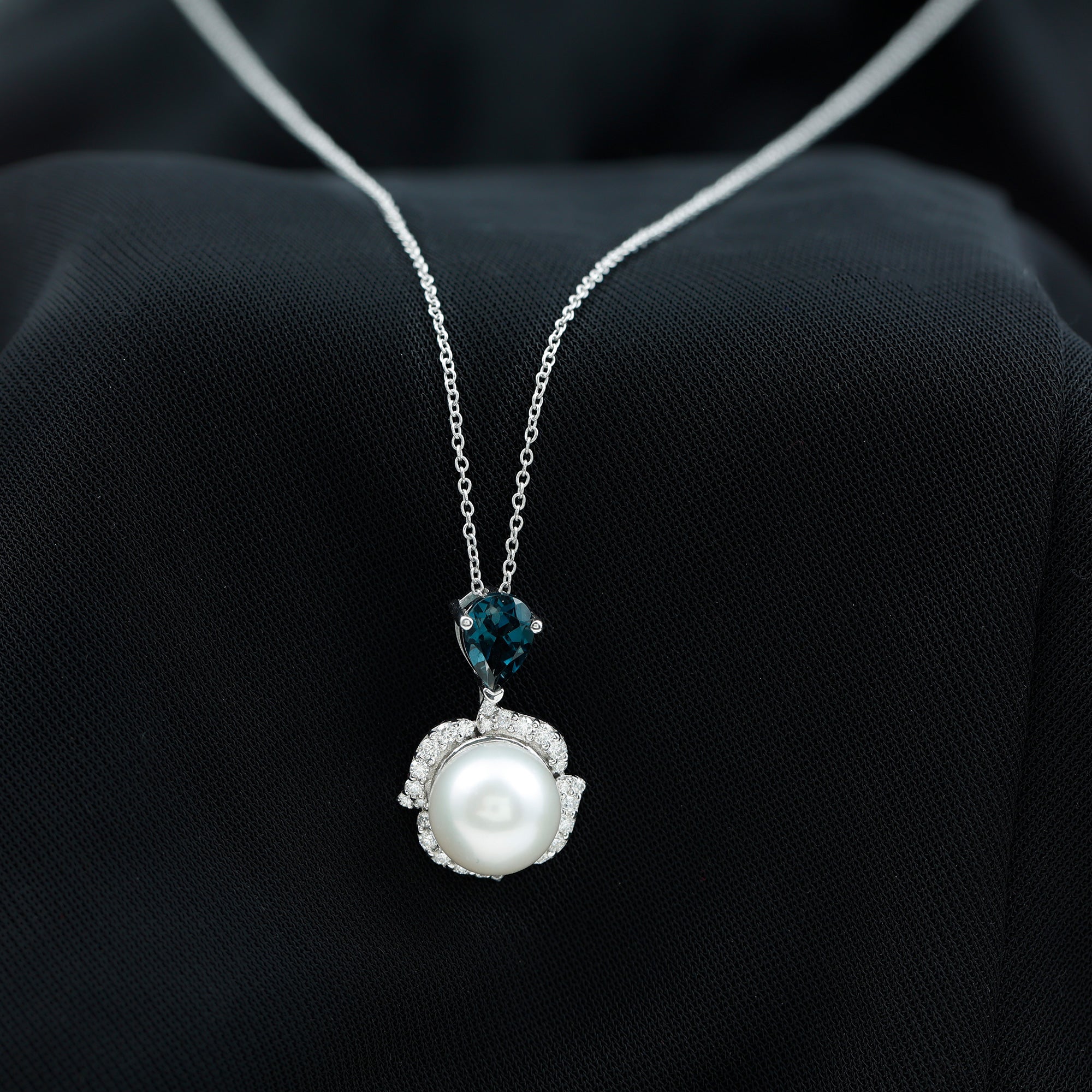 8 Carat Freshwater Pearl Designer Bridal Necklace with London Blue Topaz AAA - Rosec Jewels