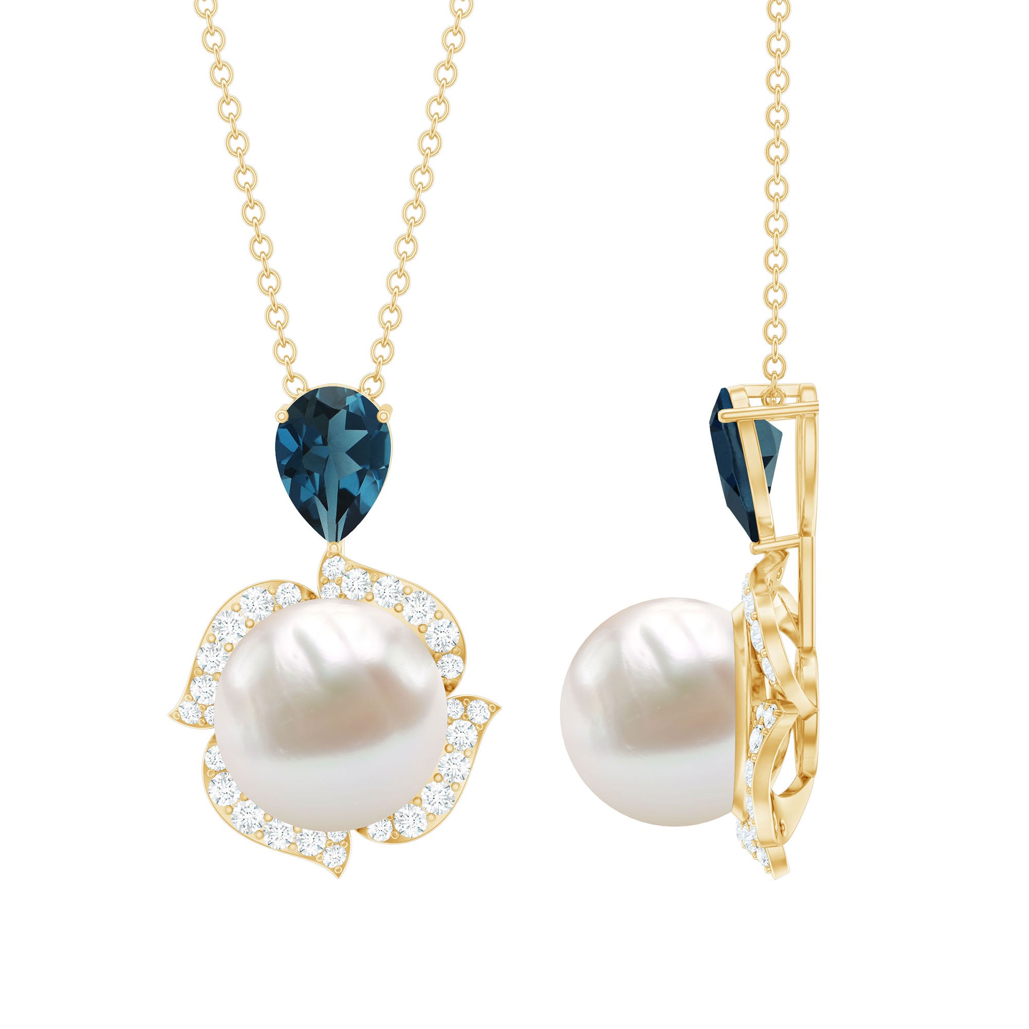 8 Carat Freshwater Pearl Designer Bridal Necklace with London Blue Topaz AAA - Rosec Jewels