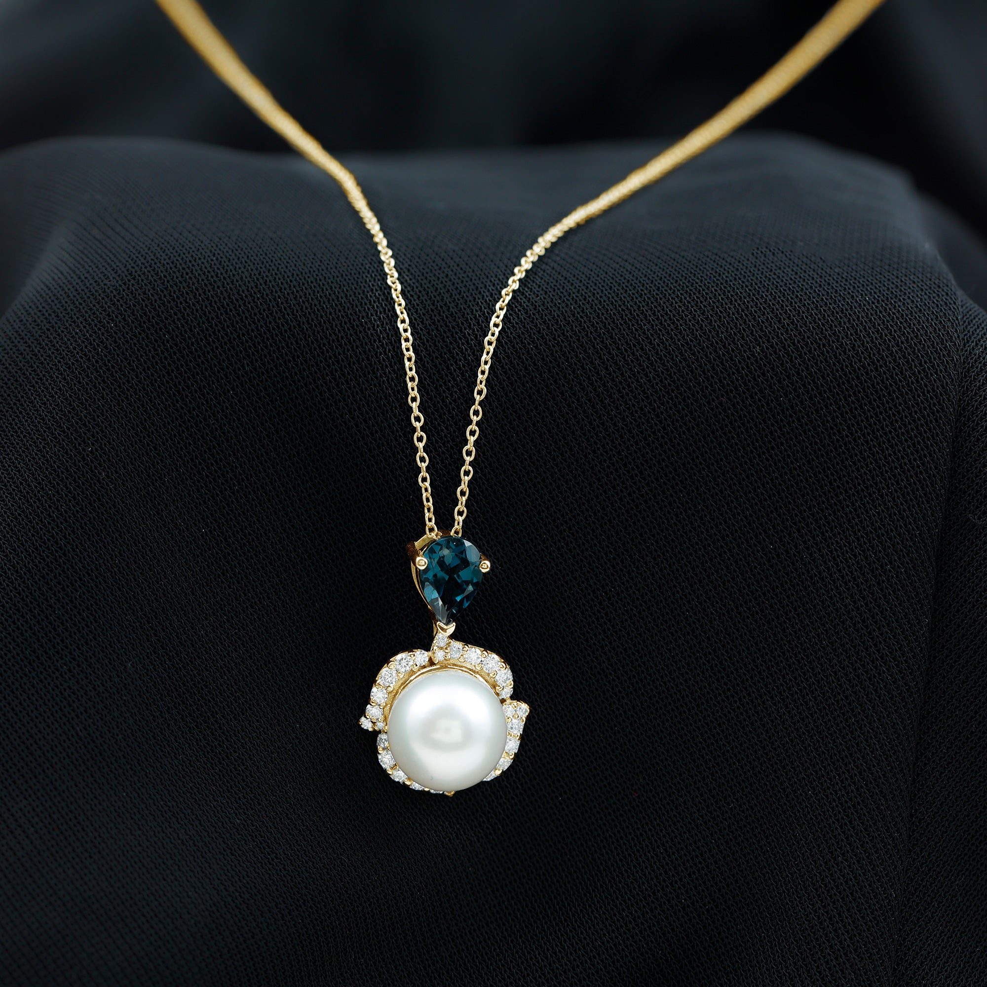 8 Carat Freshwater Pearl Designer Bridal Necklace with London Blue Topaz AAA - Rosec Jewels