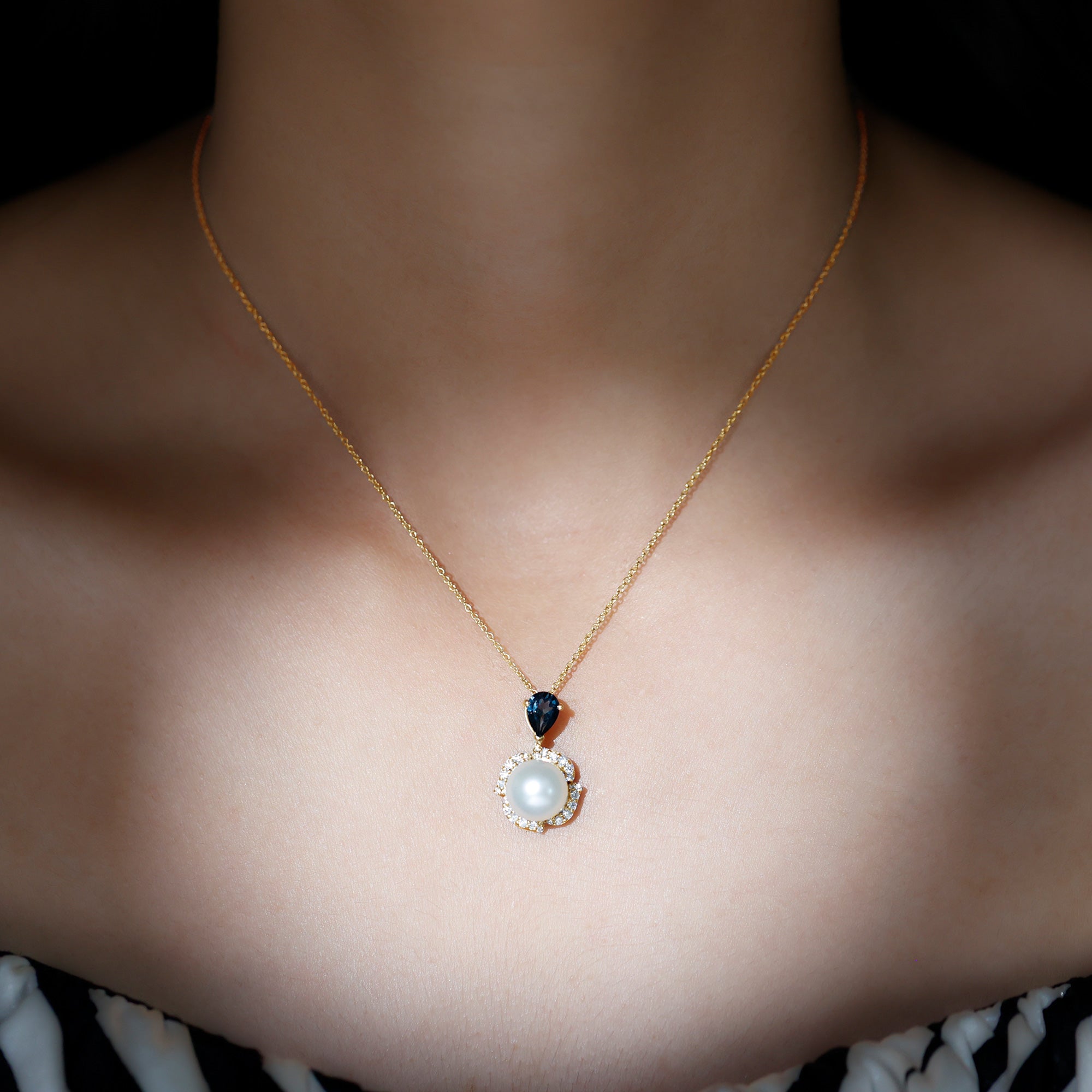 8 Carat Freshwater Pearl Designer Bridal Necklace with London Blue Topaz AAA - Rosec Jewels