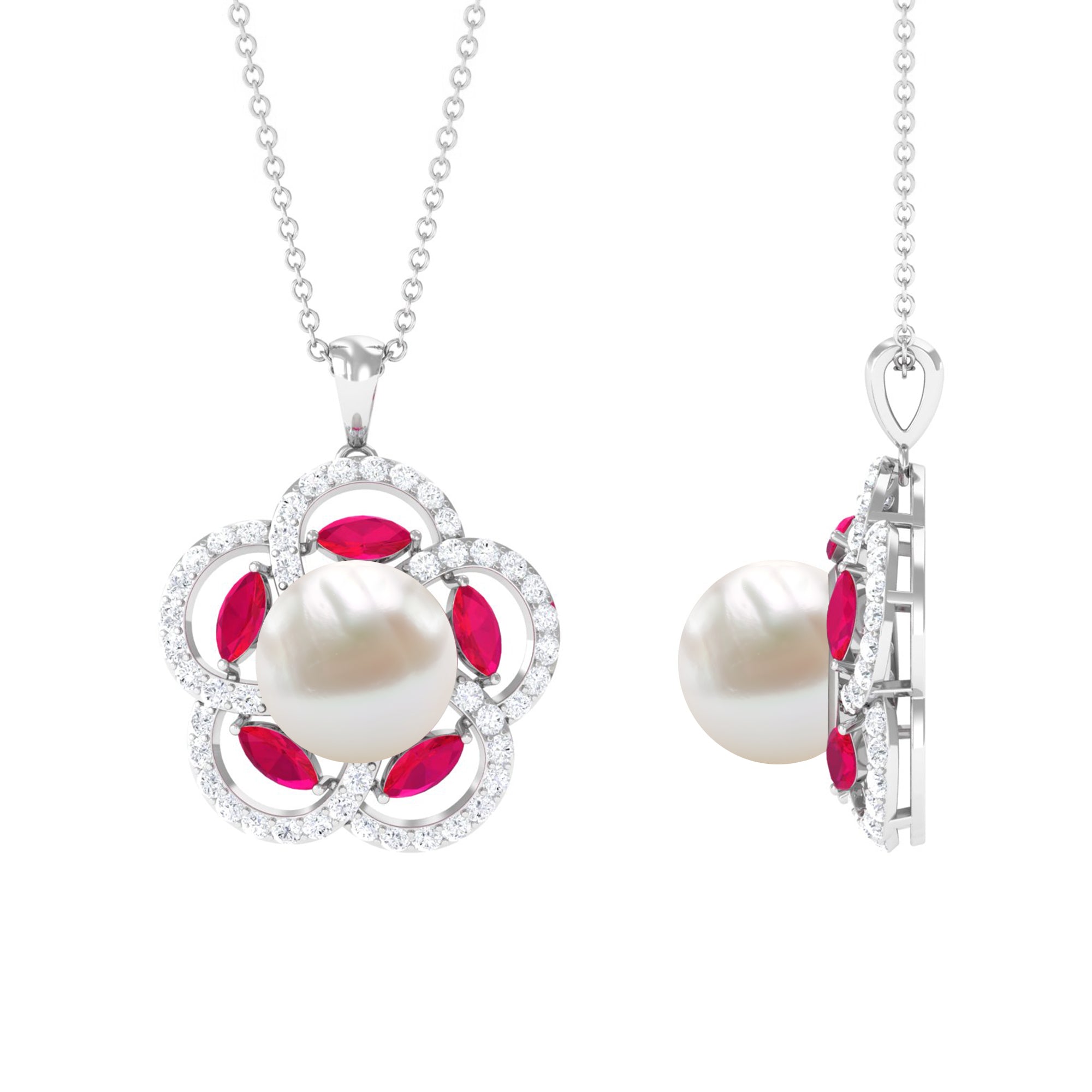 Freshwater Pearl Flower Pendant with Created Ruby and Moissanite