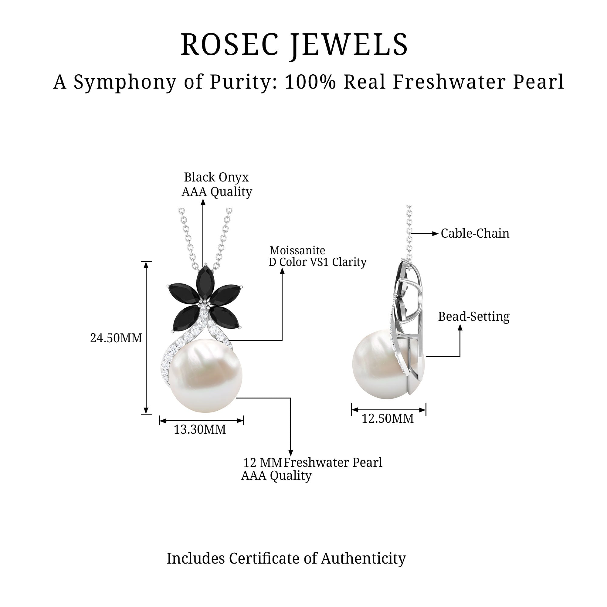 Natural Freshwater Pearl Designer Necklace with Black Onyx AAA - Rosec Jewels