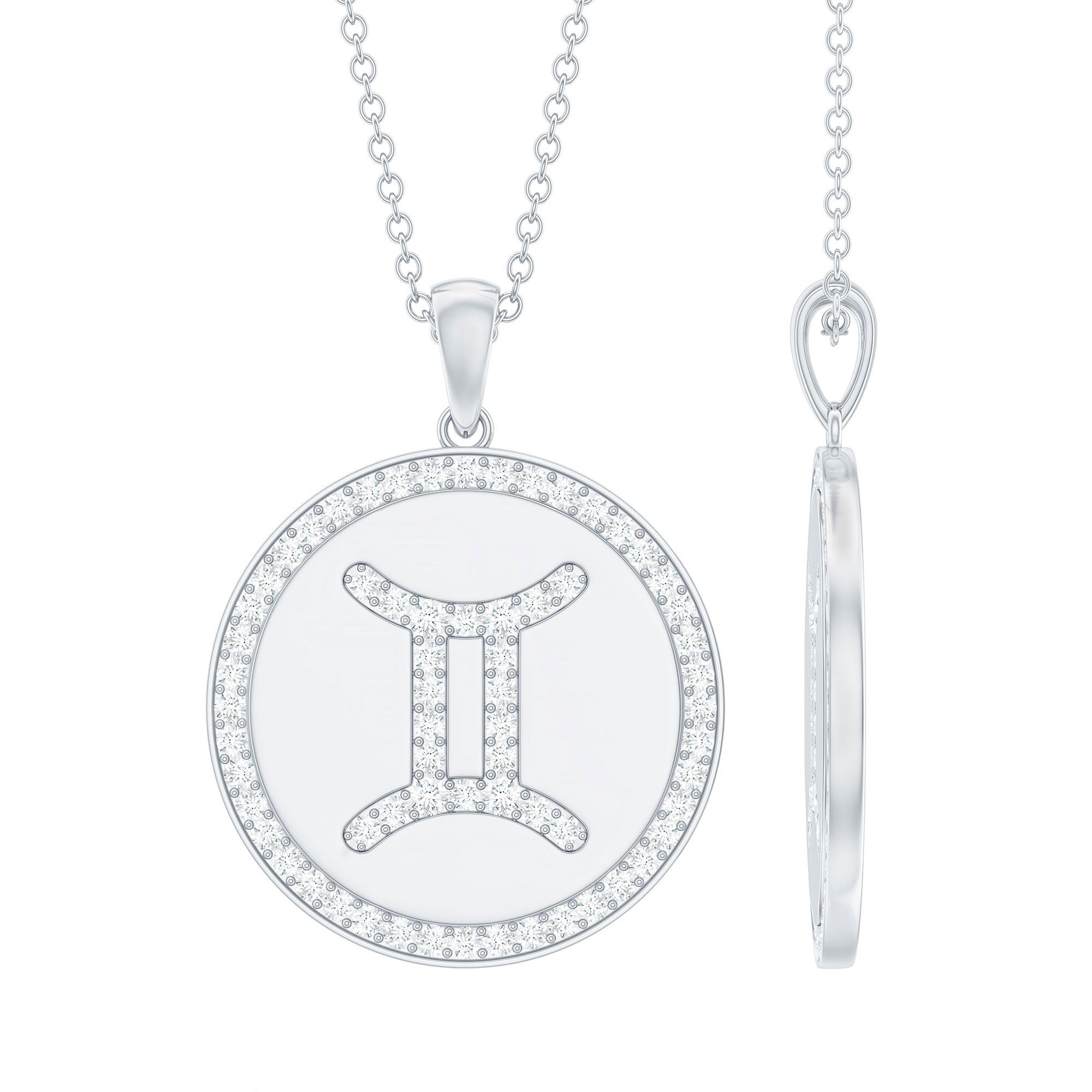 Gemini Zodiac Sign Disc Pendant with Pave Set Moissanite