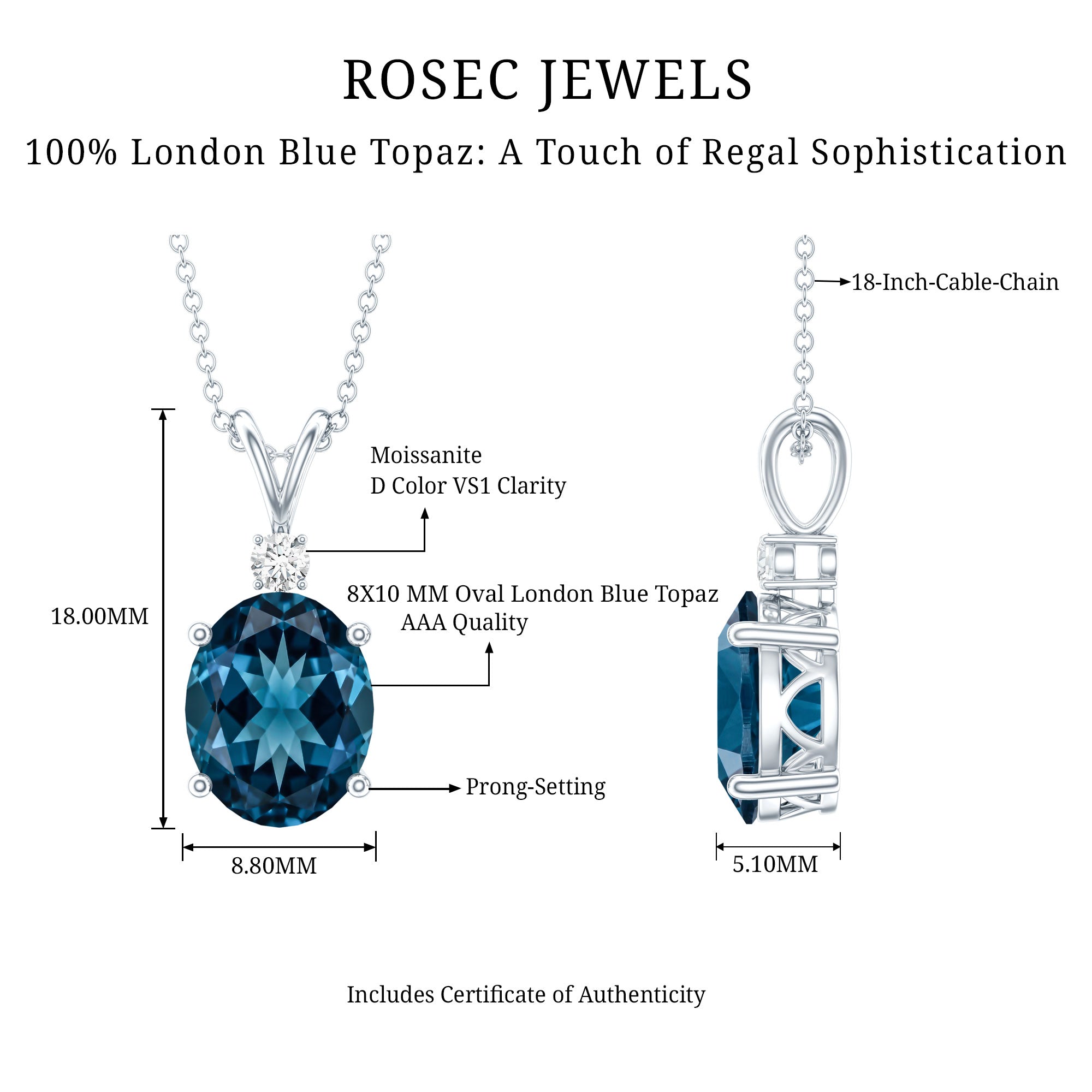 Genuine London Blue Topaz Solitaire Necklace with Chain AAA - Rosec Jewels