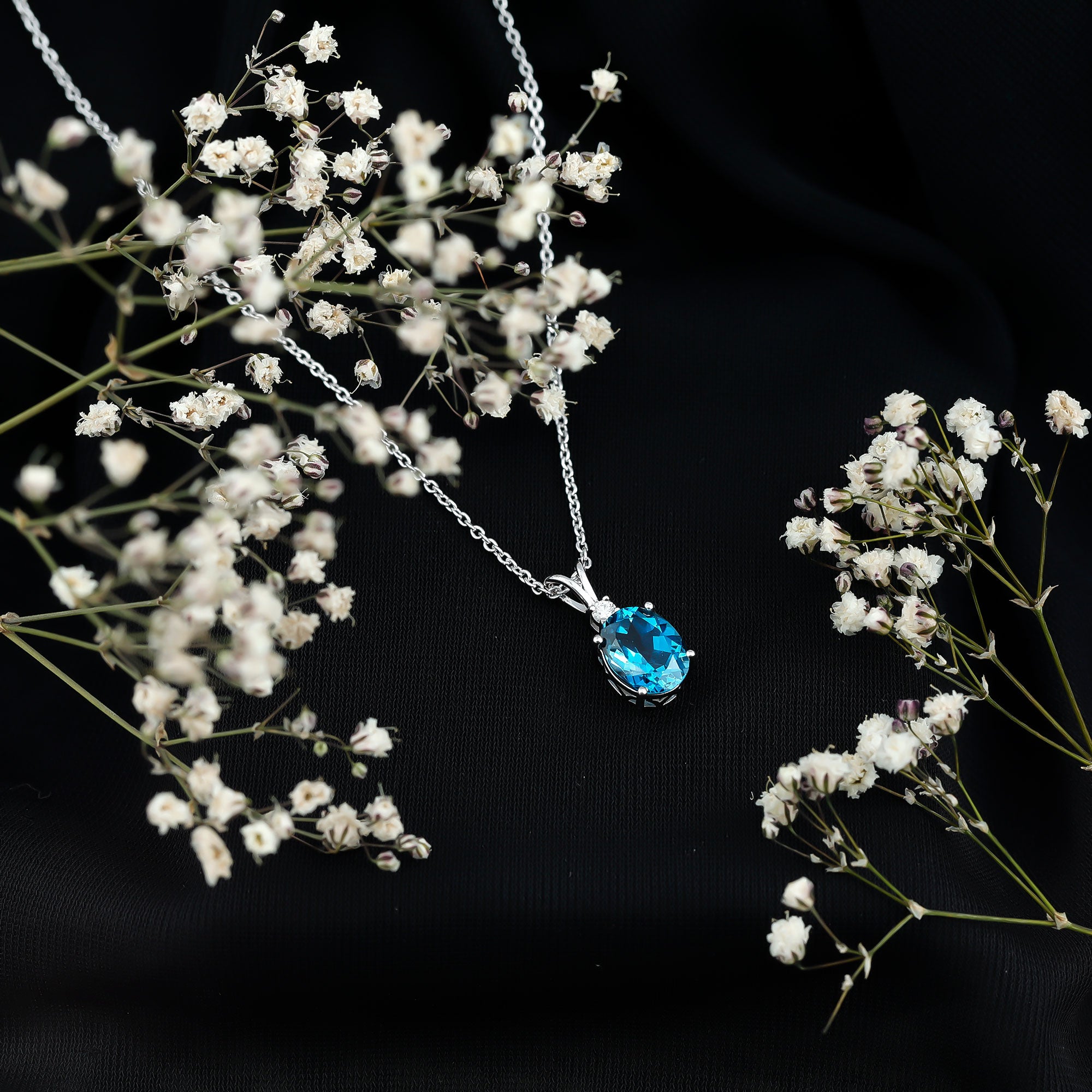 Genuine London Blue Topaz Solitaire Necklace with Chain AAA - Rosec Jewels