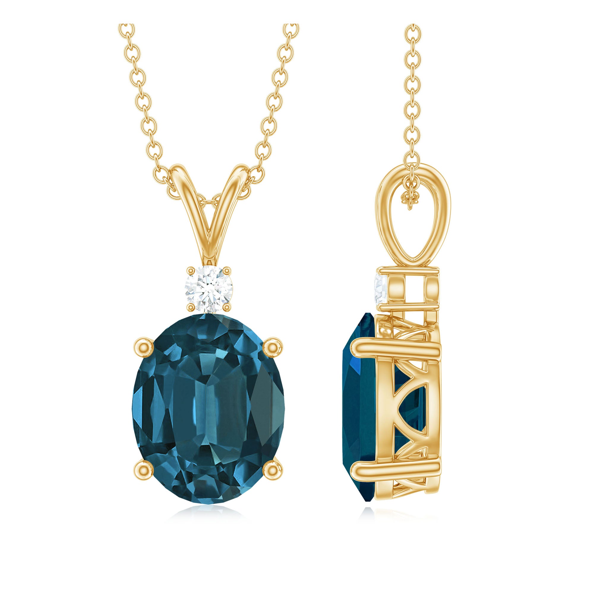 Genuine London Blue Topaz Solitaire Necklace with Chain AAA - Rosec Jewels