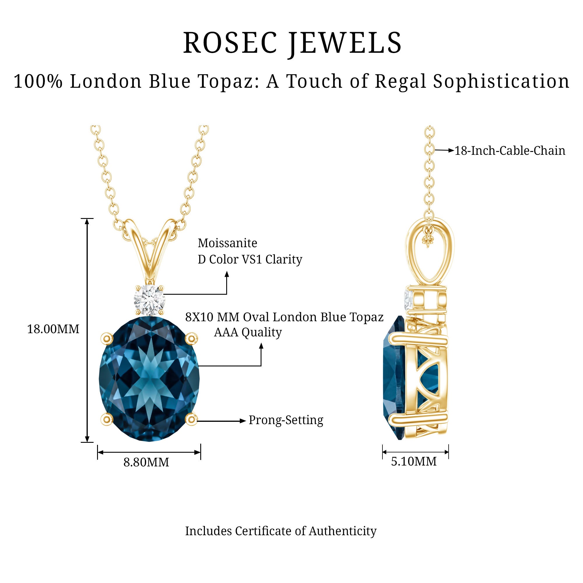 Genuine London Blue Topaz Solitaire Necklace with Chain AAA - Rosec Jewels