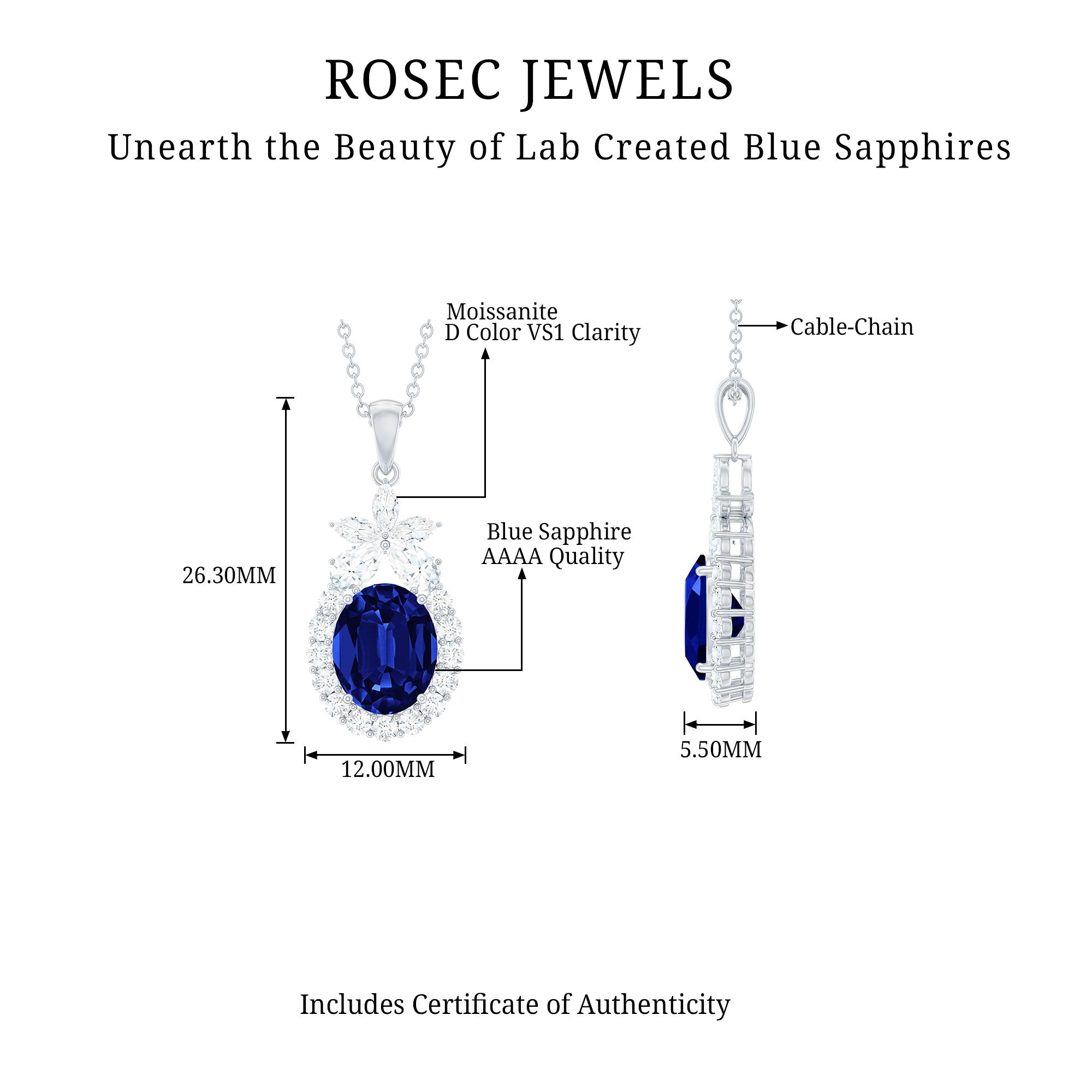 4 Carat Oval Shape Lab Created Blue Sapphire Statement Necklace with Moissanite AAAA - Rosec Jewels